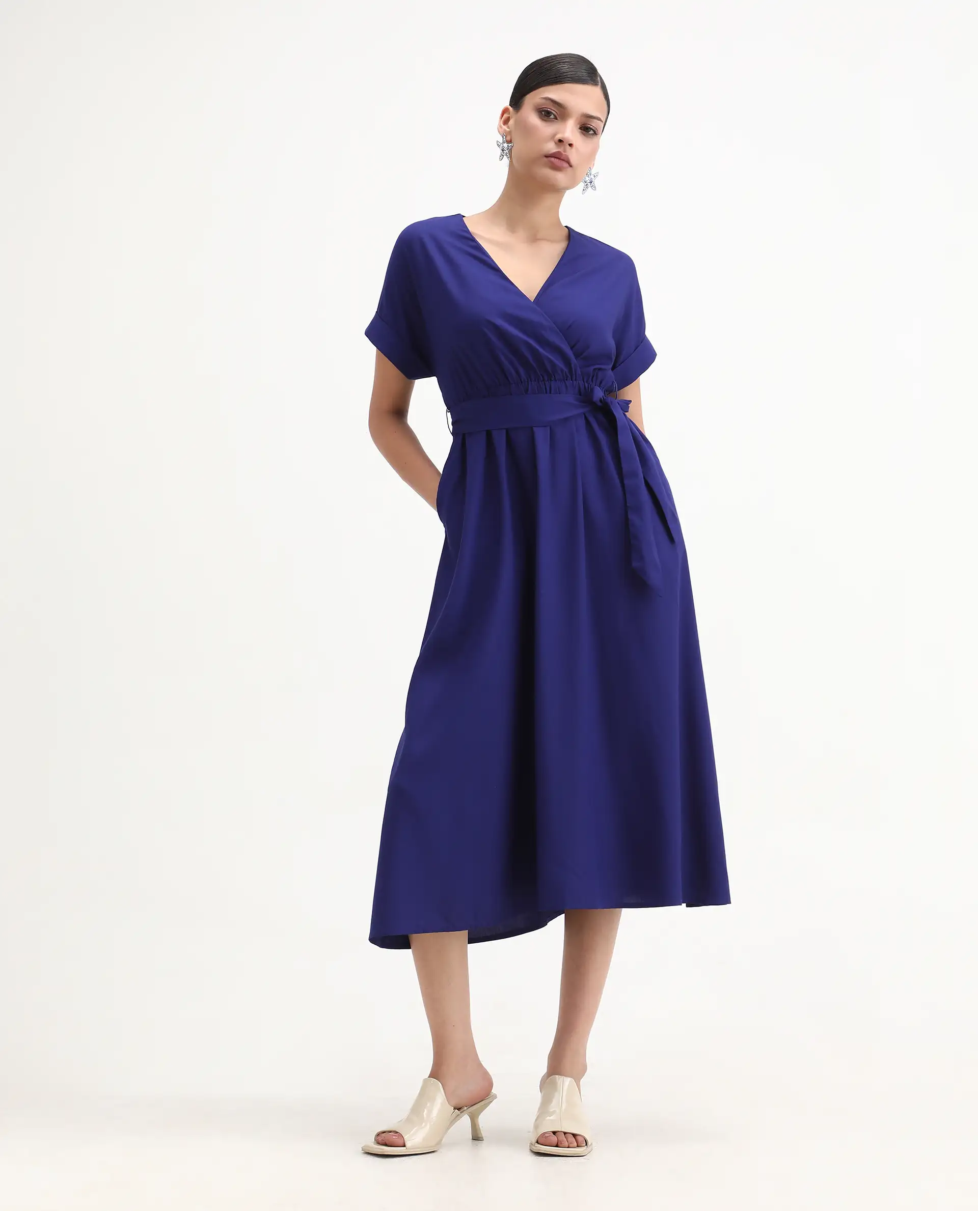 Rareism Women's Elvin Blue Viscose Extended Sleeves V-Neck Flared Fit Plain Midi Dress - Image 2