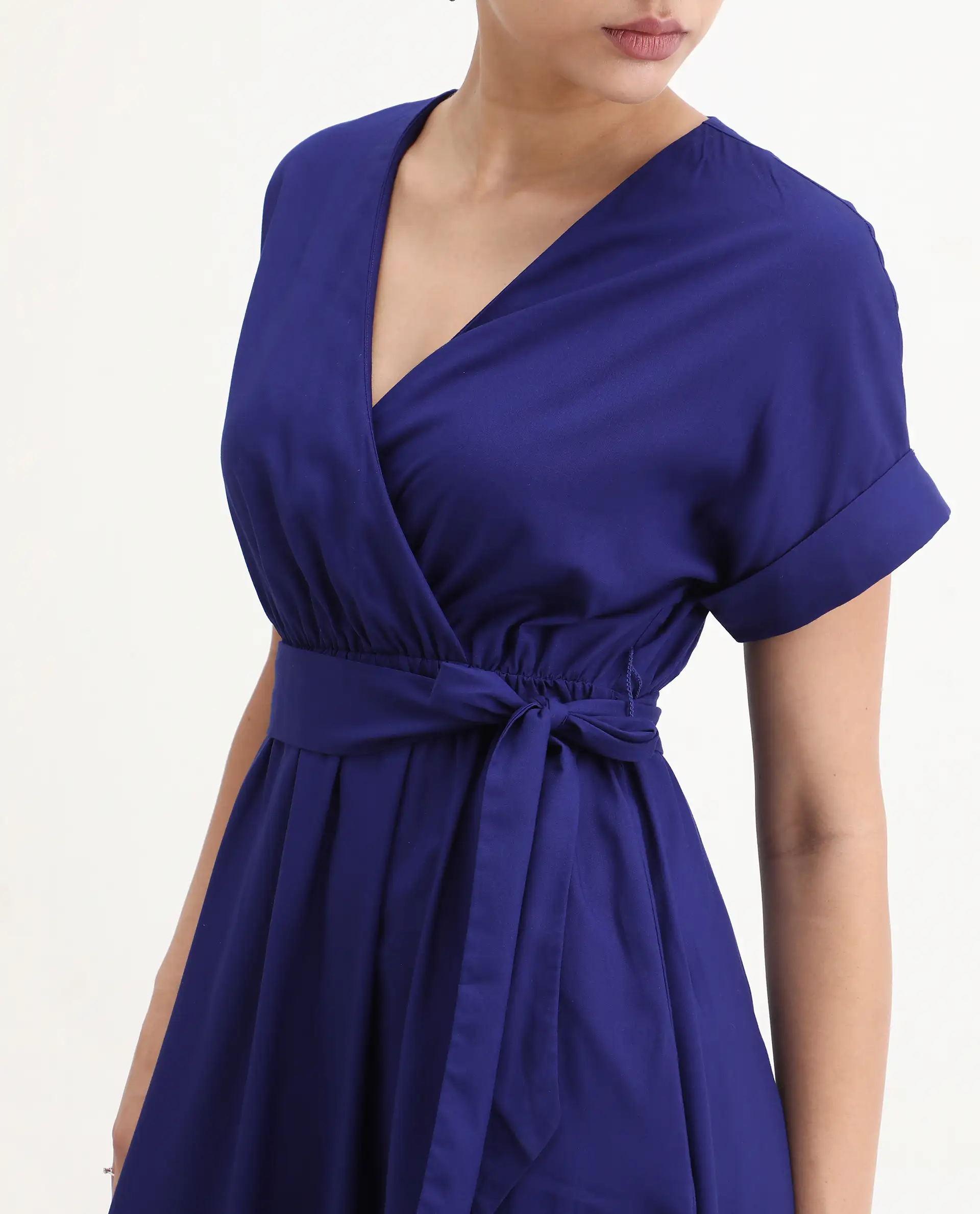Rareism Women's Elvin Blue Viscose Extended Sleeves V-Neck Flared Fit Plain Midi Dress - Image 3