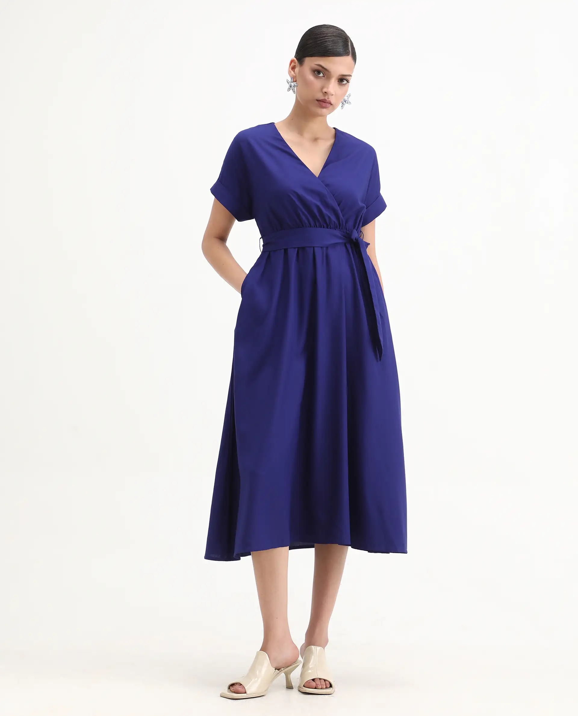 Rareism Women's Elvin Blue Viscose Extended Sleeves V-Neck Flared Fit Plain Midi Dress - Image 4
