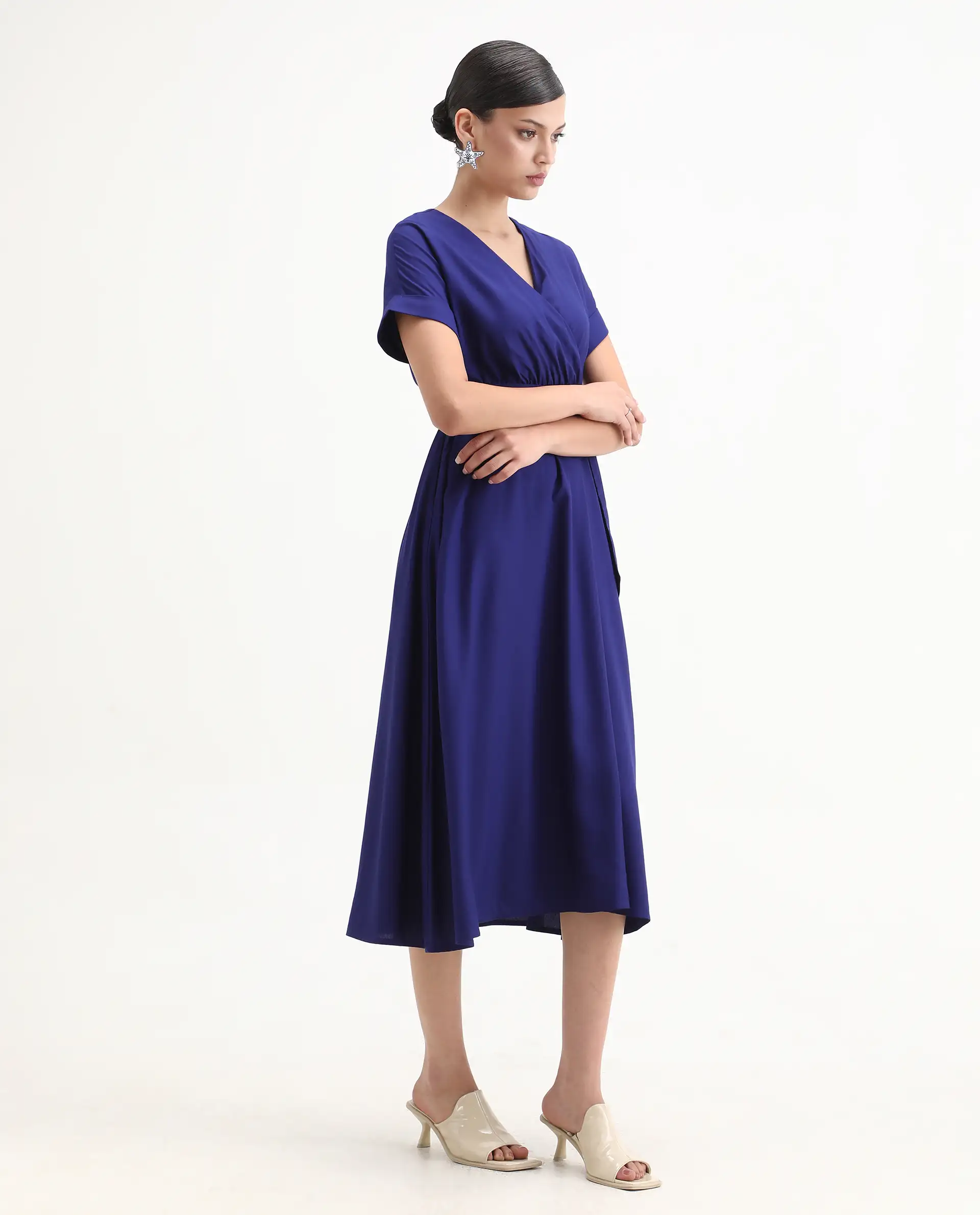 Rareism Women's Elvin Blue Viscose Extended Sleeves V-Neck Flared Fit Plain Midi Dress - Image 5