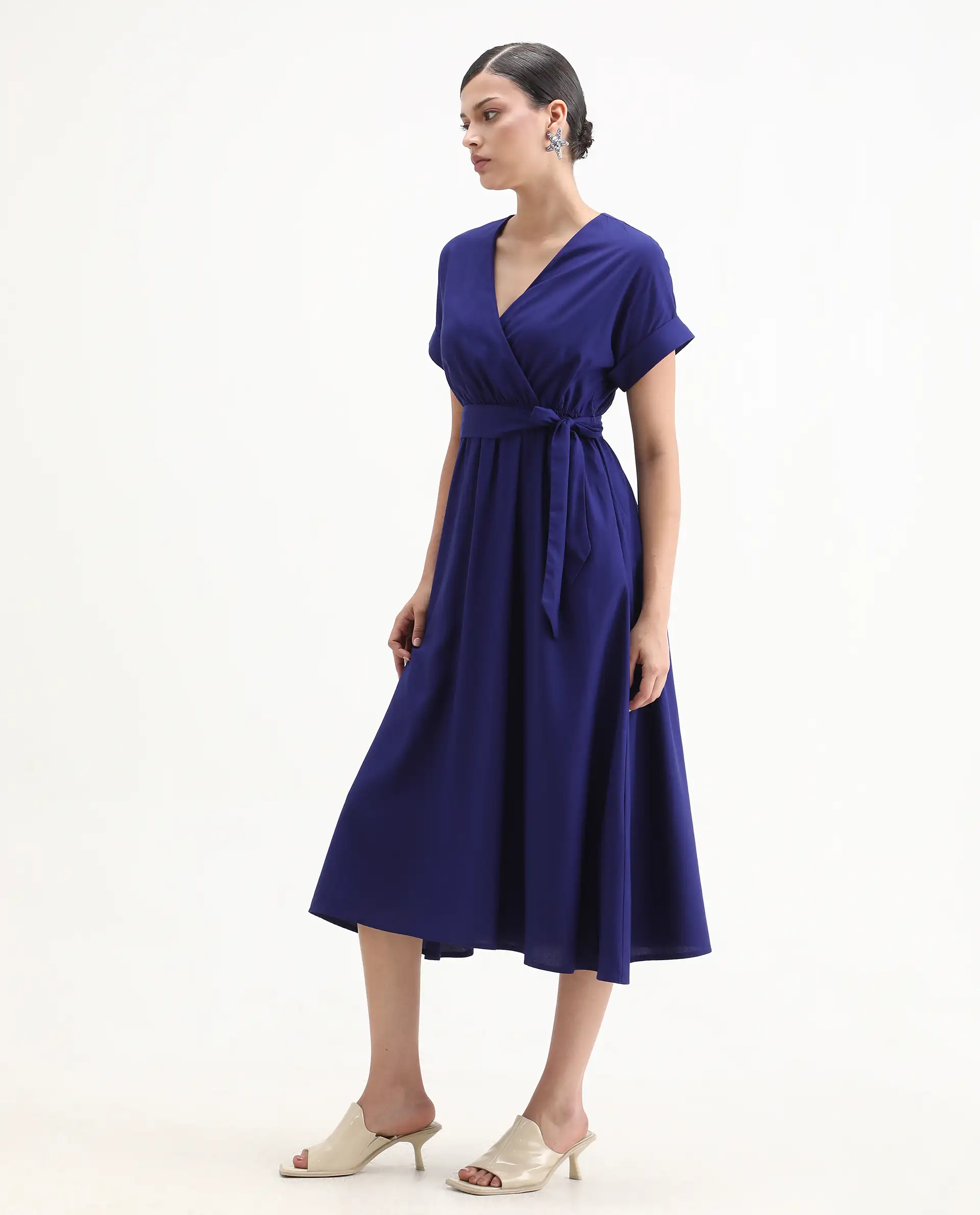 Rareism Women's Elvin Blue Viscose Extended Sleeves V-Neck Flared Fit Plain Midi Dress - Image 6