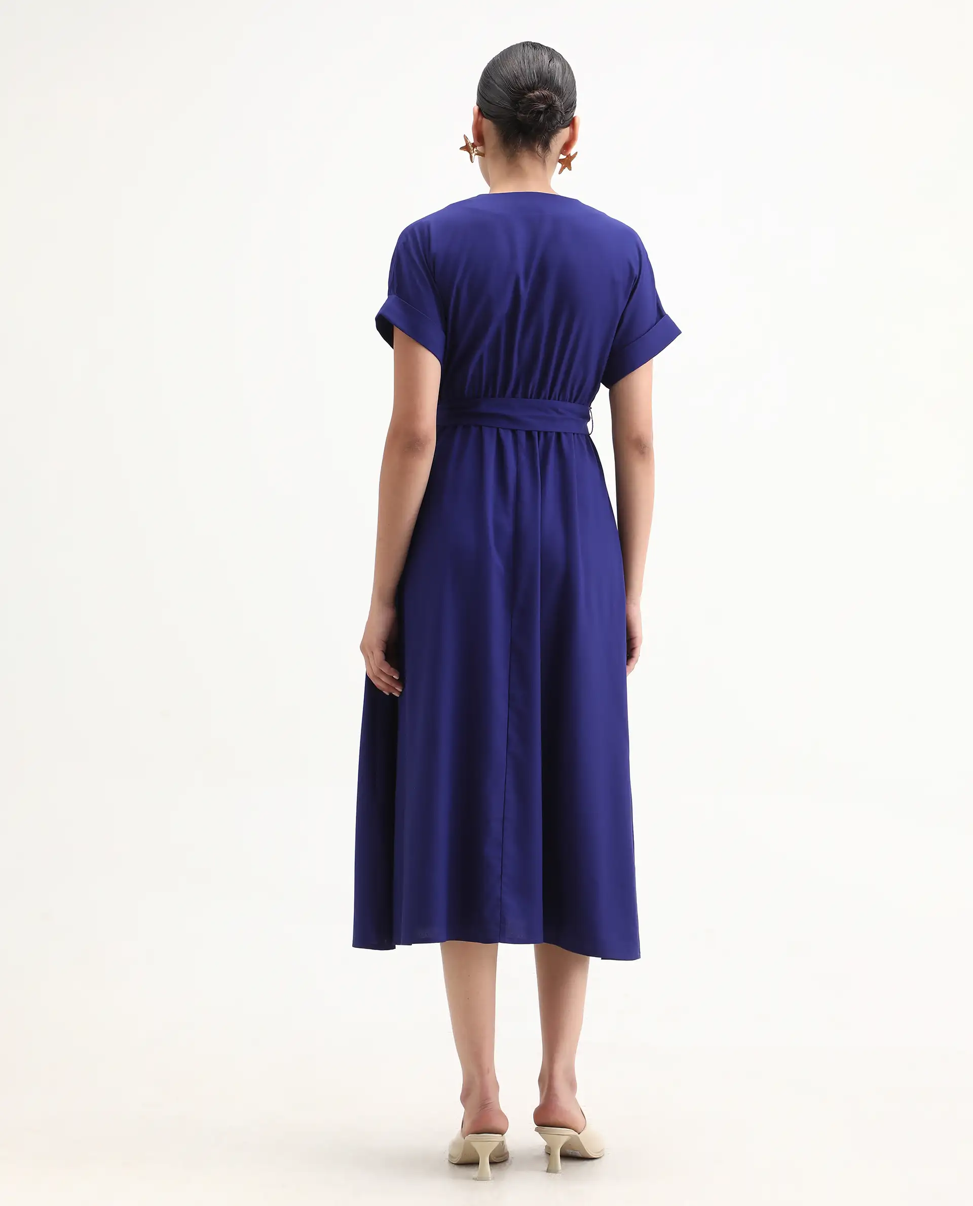 Rareism Women's Elvin Blue Viscose Extended Sleeves V-Neck Flared Fit Plain Midi Dress - Image 7