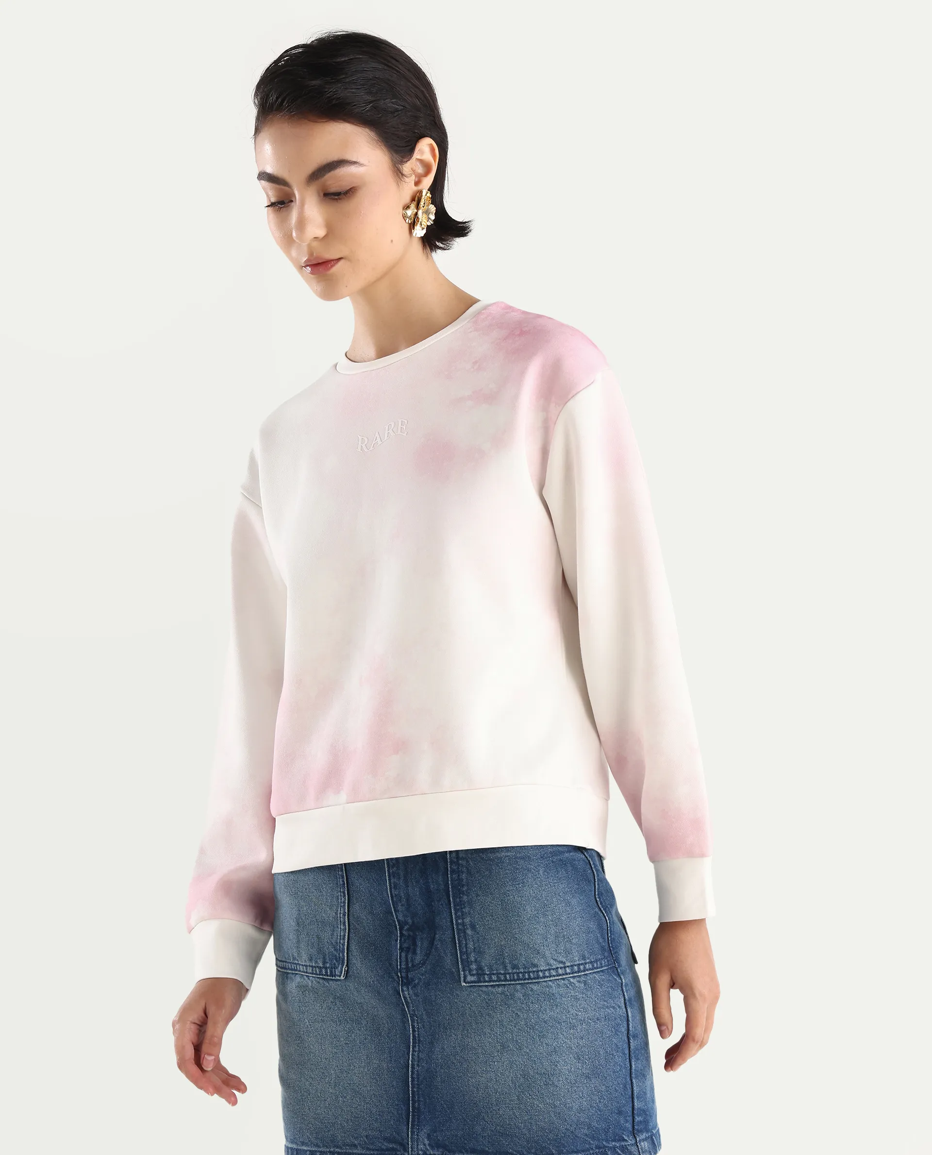 Rareism Women's Elvis Off White Cotton Blend Crew Neck Ombre Relaxed Fit Sweatshirt - Image 3