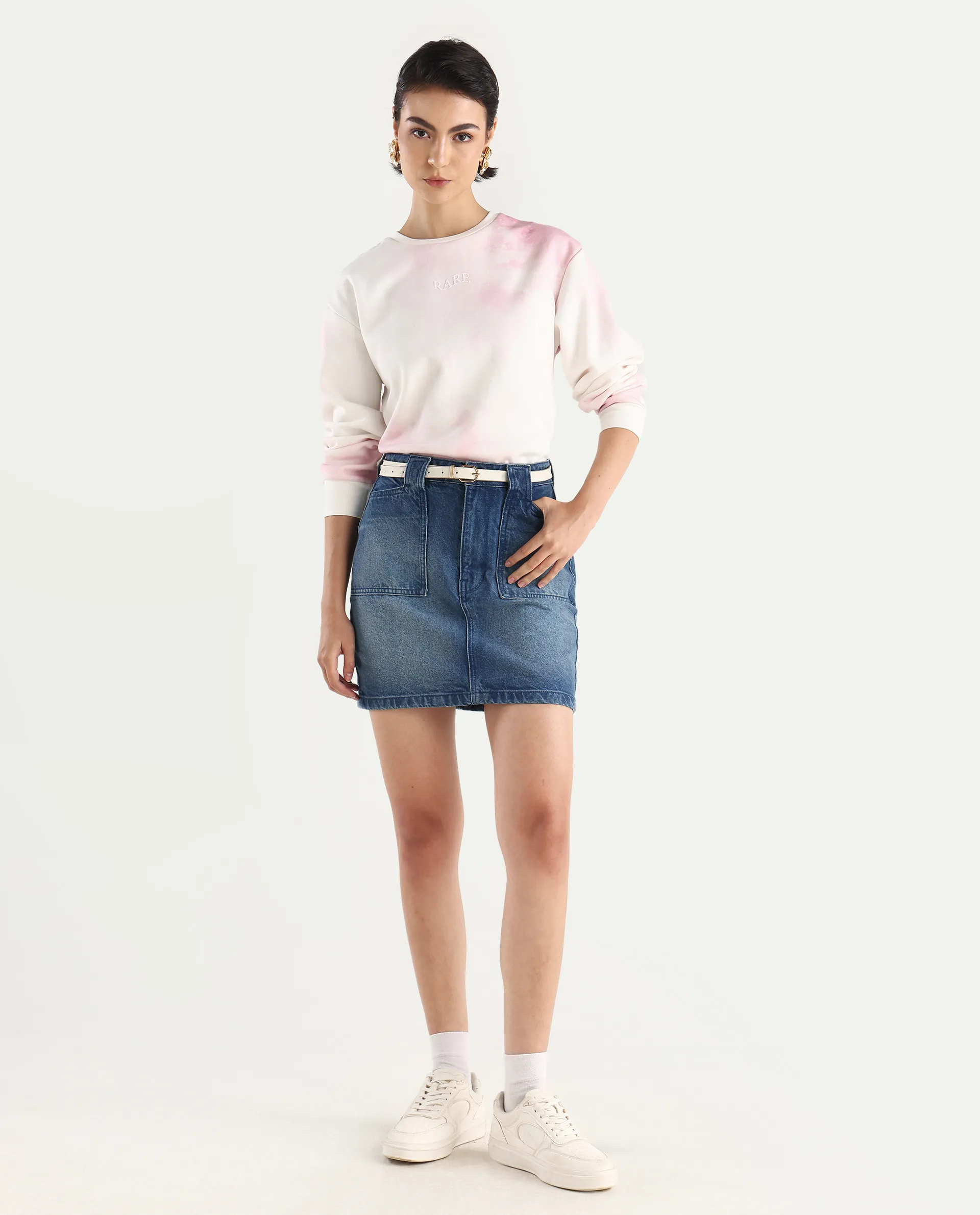 Rareism Women's Elvis Off White Cotton Blend Crew Neck Ombre Relaxed Fit Sweatshirt - Image 4
