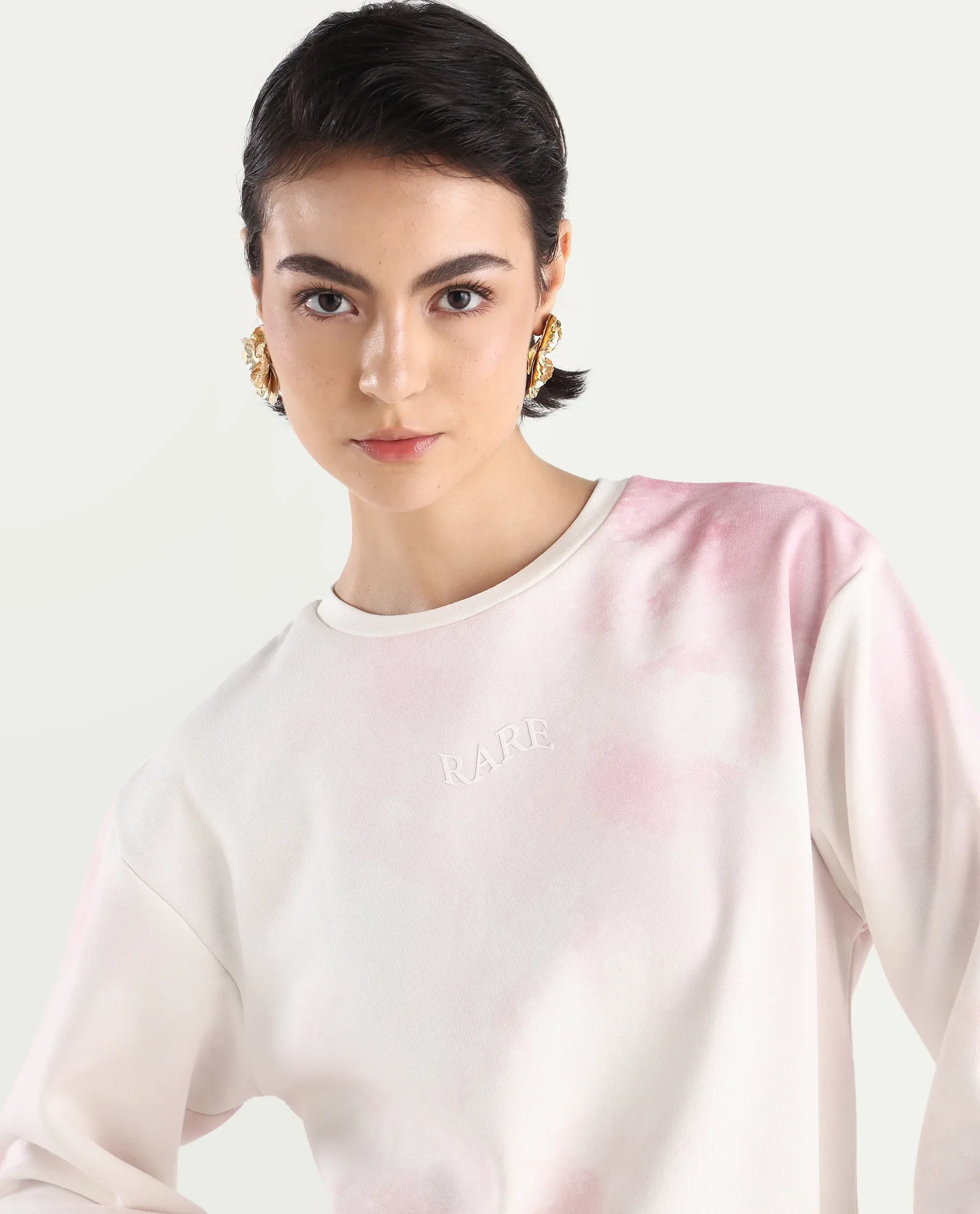 Rareism Women's Elvis Off White Cotton Blend Crew Neck Ombre Relaxed Fit Sweatshirt - Image 5