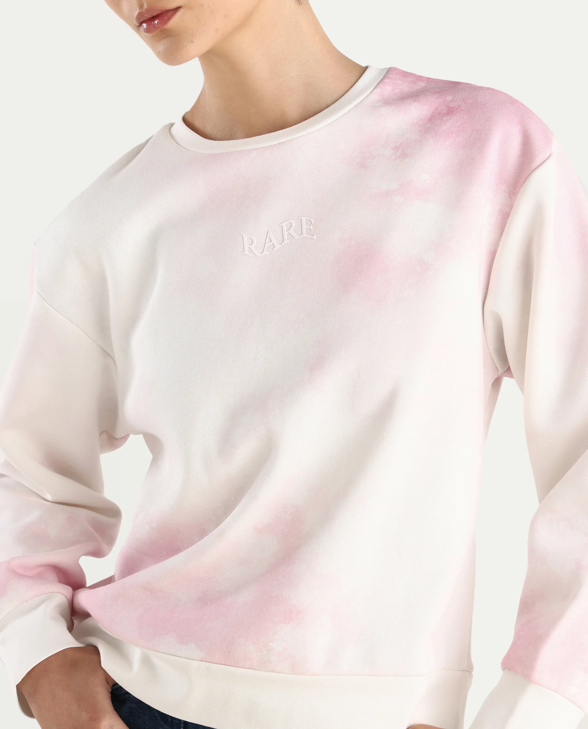 Rareism Women's Elvis Off White Cotton Blend Crew Neck Ombre Relaxed Fit Sweatshirt - Image 6