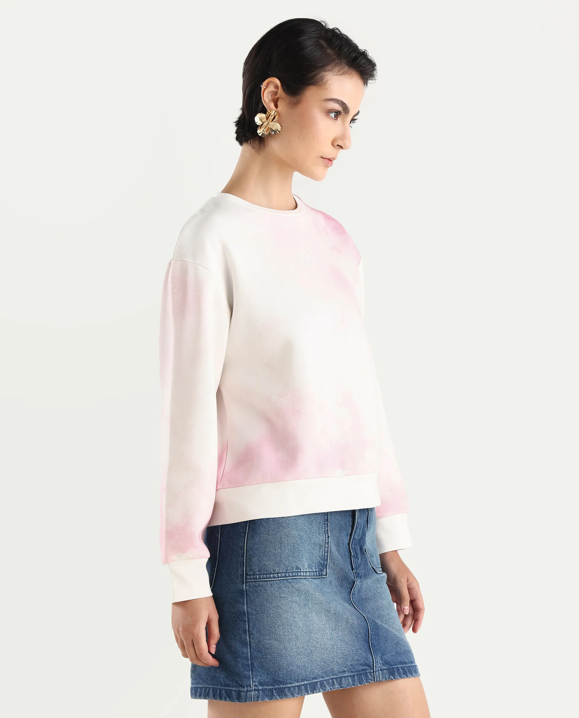 Rareism Women's Elvis Off White Cotton Blend Crew Neck Ombre Relaxed Fit Sweatshirt - Image 7