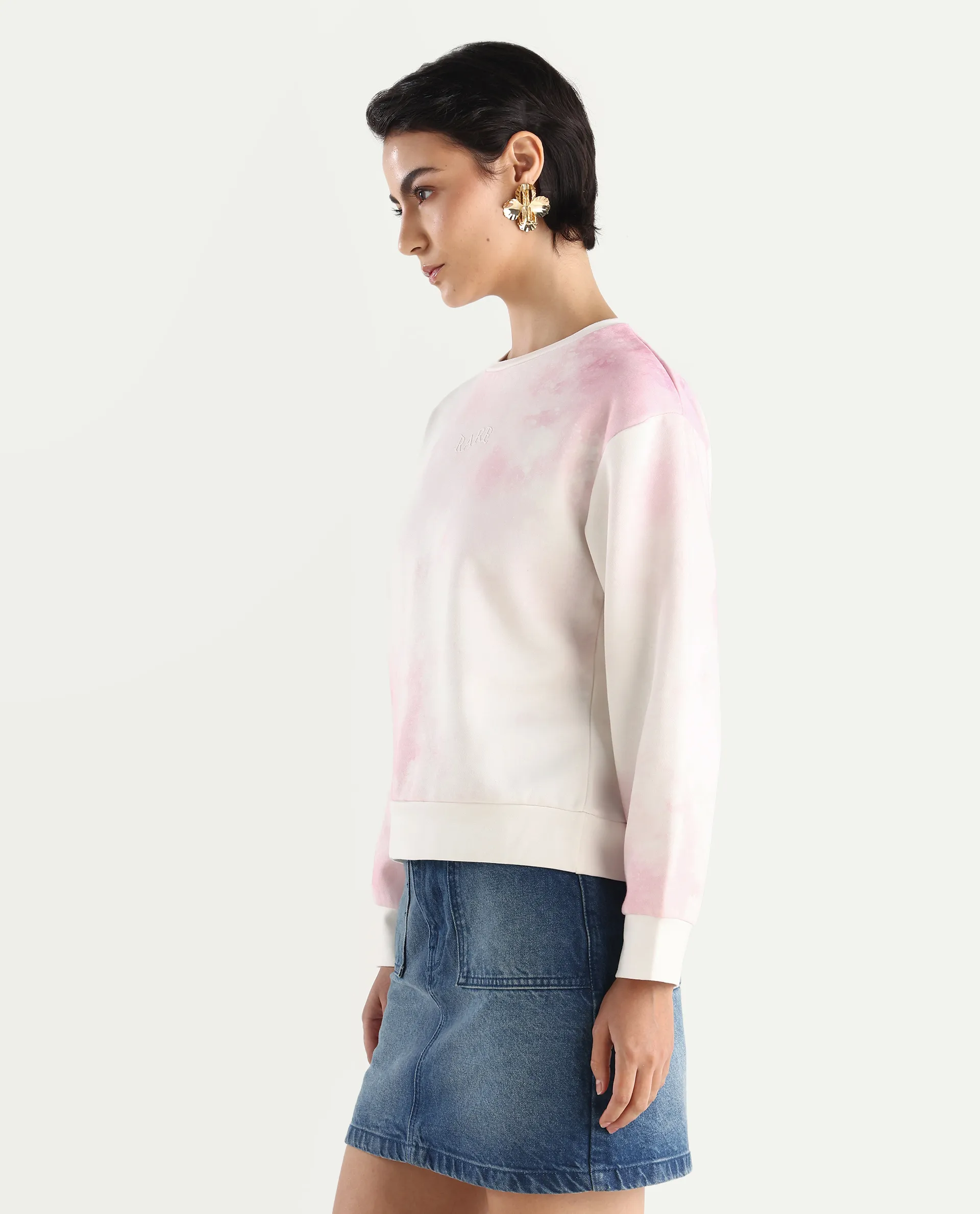 Rareism Women's Elvis Off White Cotton Blend Crew Neck Ombre Relaxed Fit Sweatshirt - Image 8