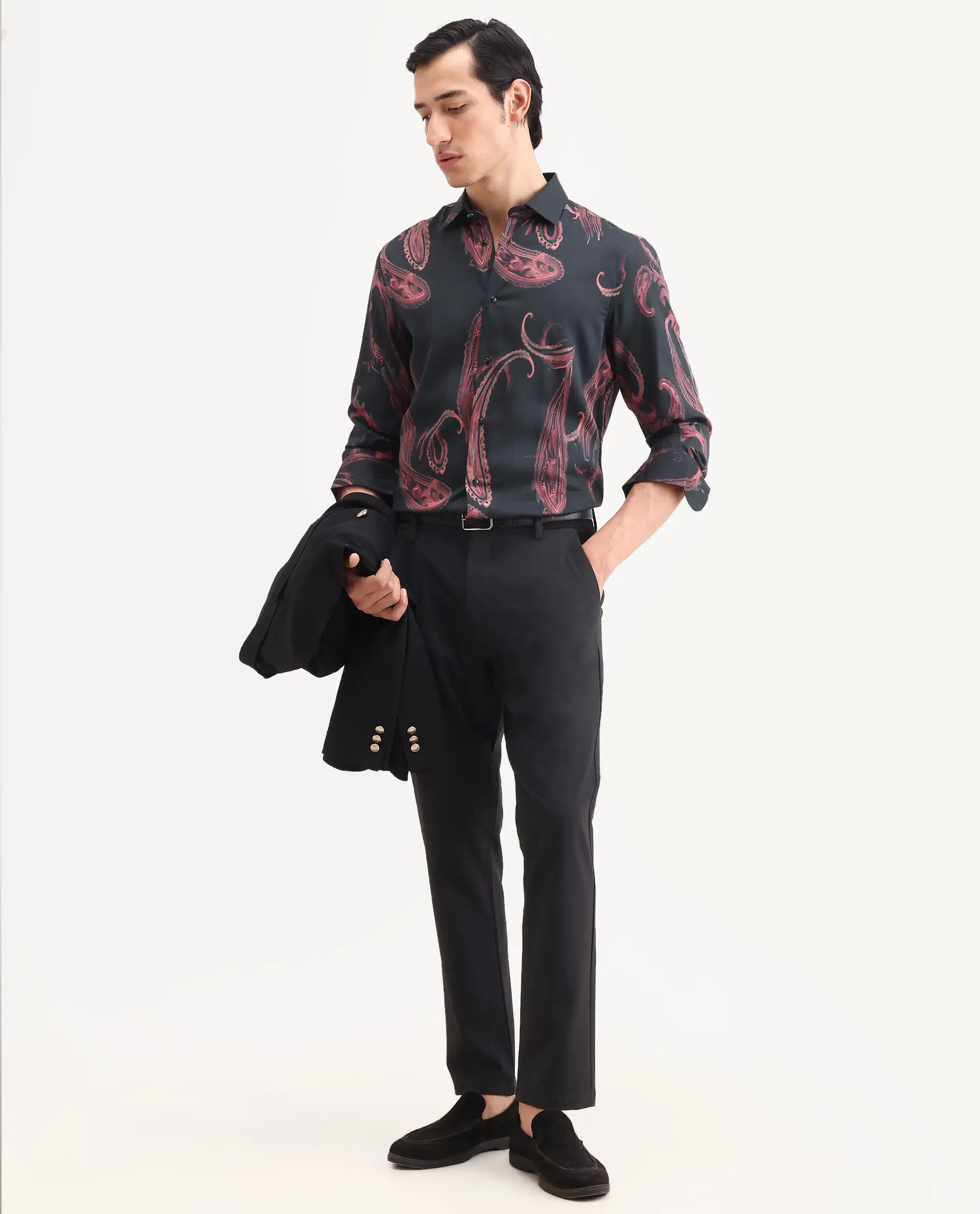 Rare Rabbit Men's Elvo Black Cotton Blend Fabric Full Sleeve Spread Collar Regular Fit Paisley Print Shirt - Image 2
