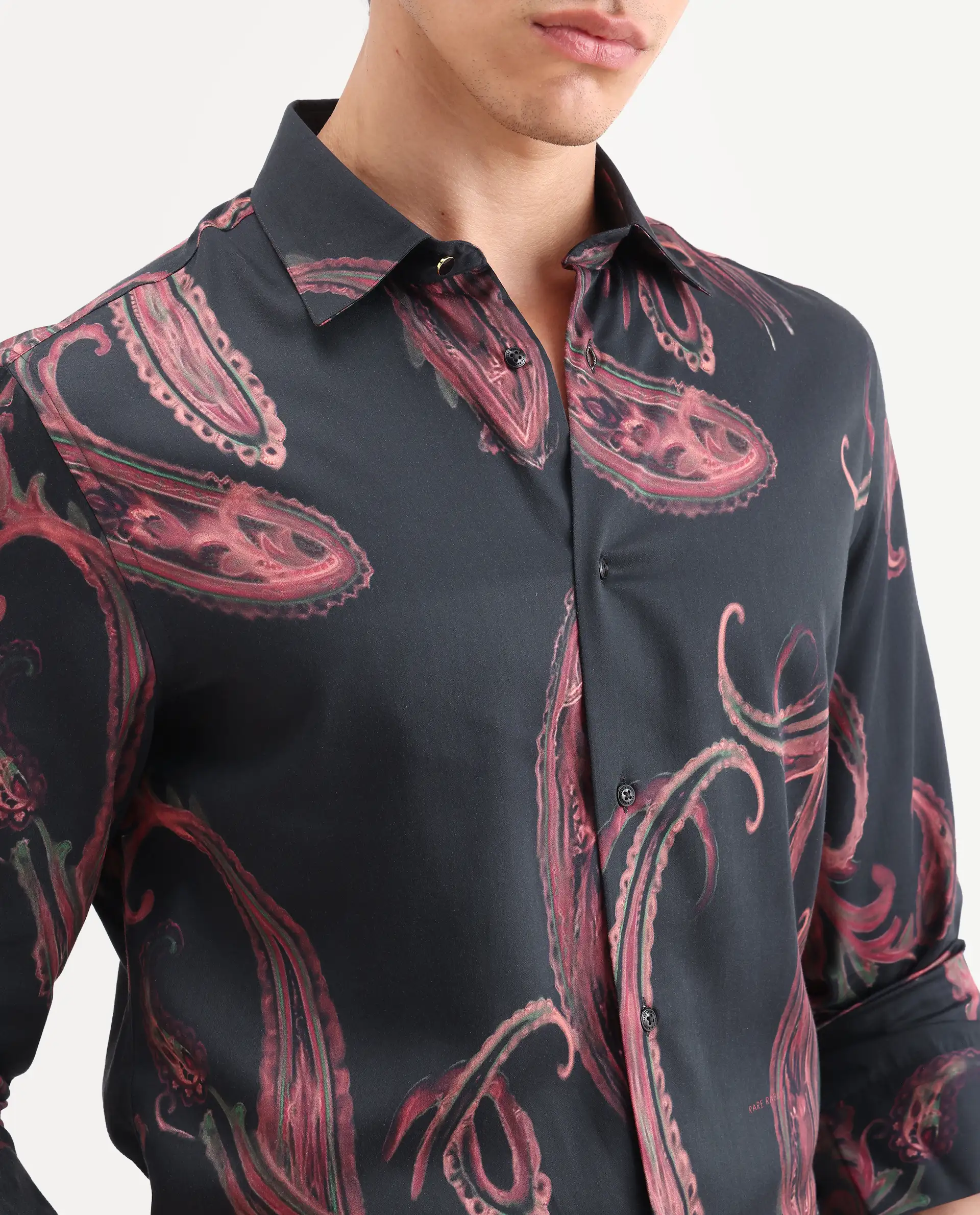 Rare Rabbit Men's Elvo Black Cotton Blend Fabric Full Sleeve Spread Collar Regular Fit Paisley Print Shirt - Image 3
