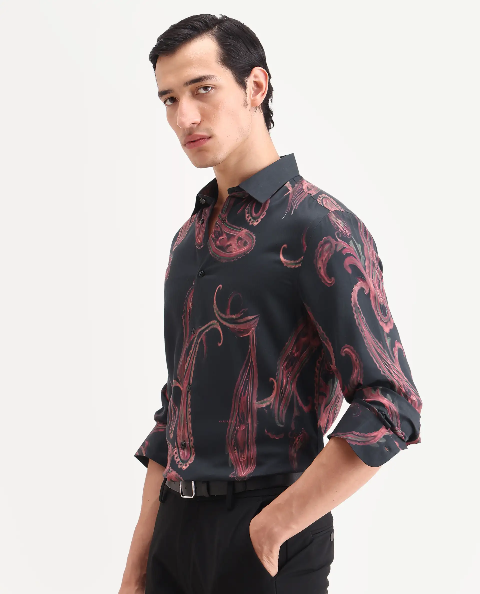 Rare Rabbit Men's Elvo Black Cotton Blend Fabric Full Sleeve Spread Collar Regular Fit Paisley Print Shirt - Image 4