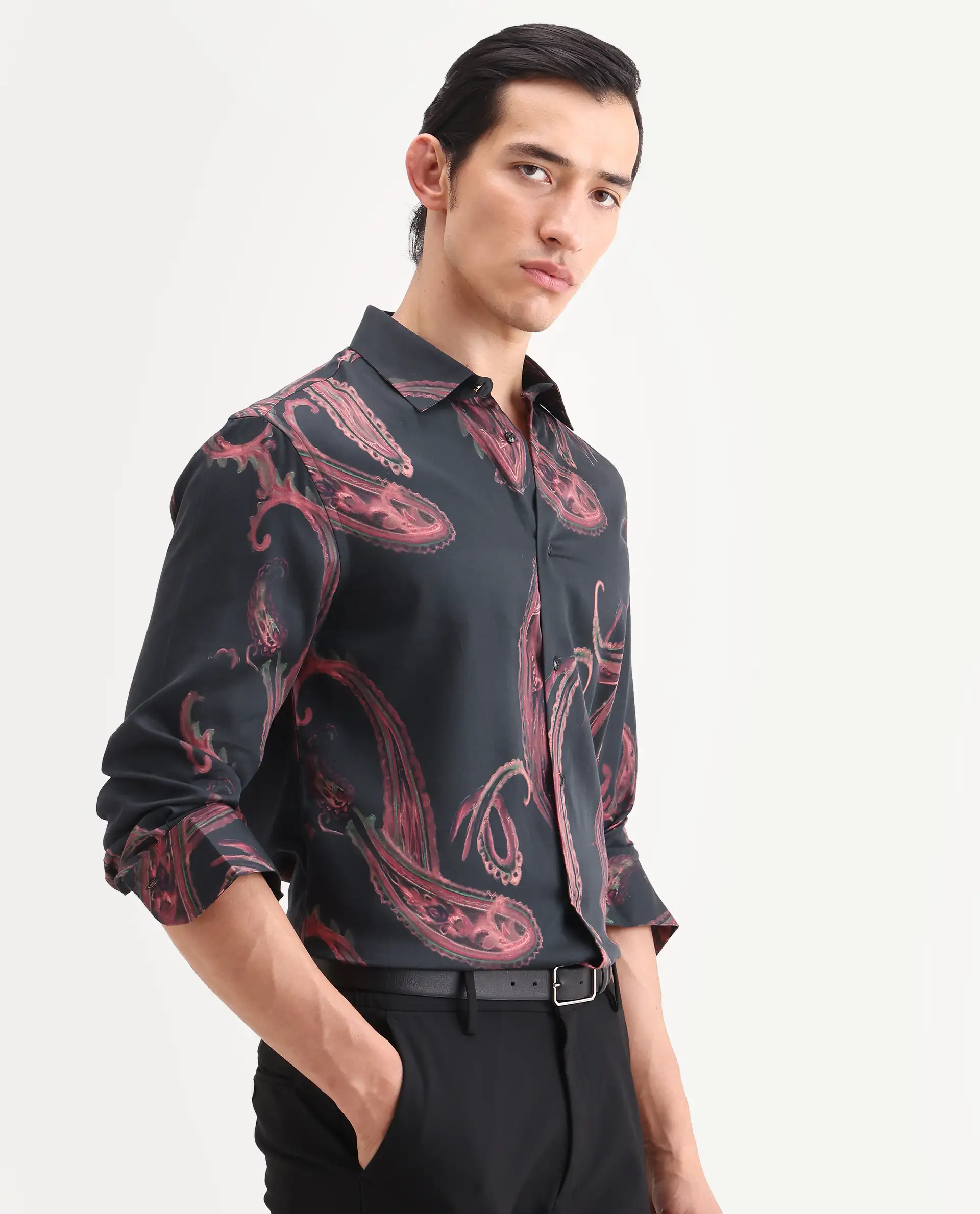 Rare Rabbit Men's Elvo Black Cotton Blend Fabric Full Sleeve Spread Collar Regular Fit Paisley Print Shirt - Image 5