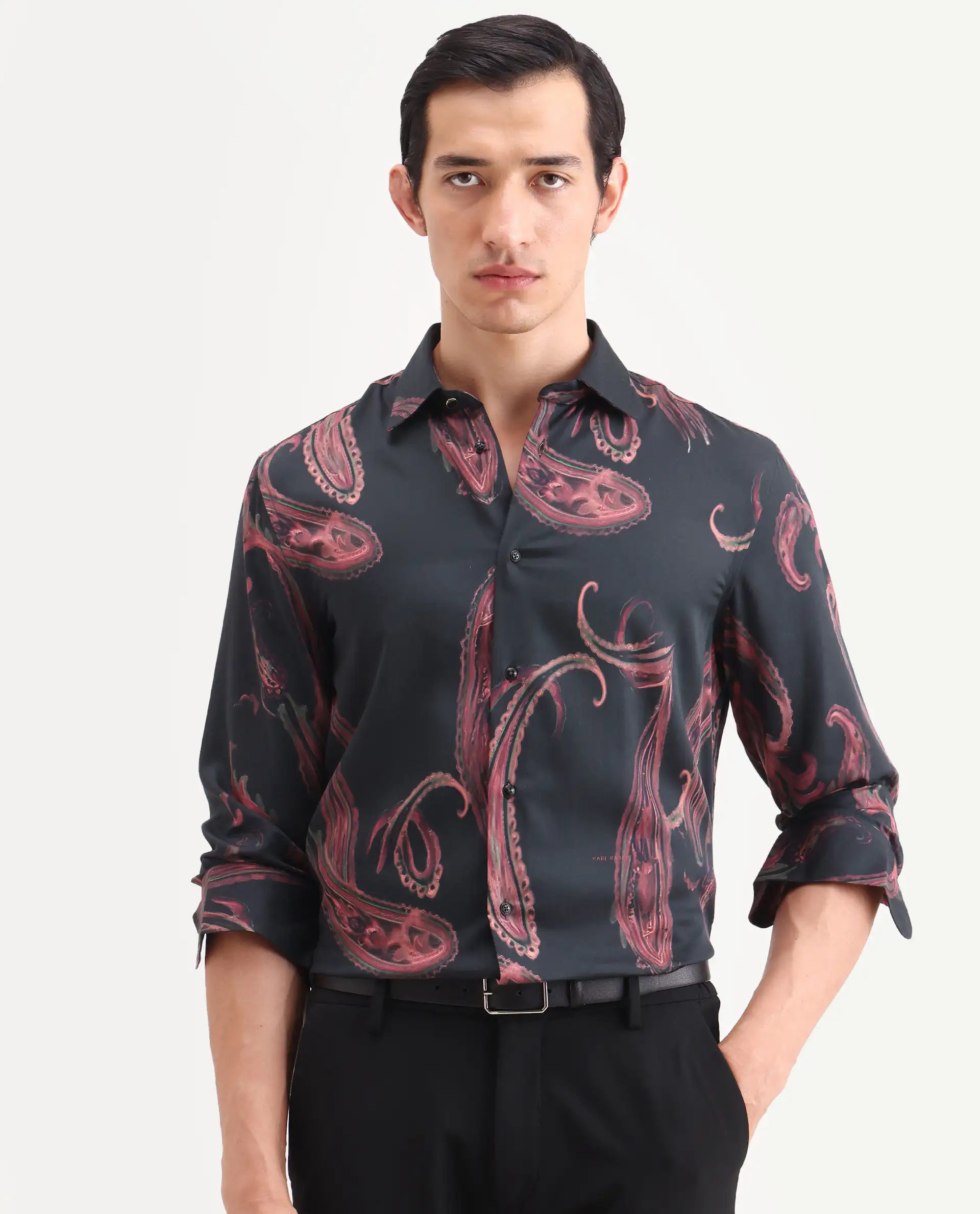 Rare Rabbit Men's Elvo Black Cotton Blend Fabric Full Sleeve Spread Collar Regular Fit Paisley Print Shirt - Image 6