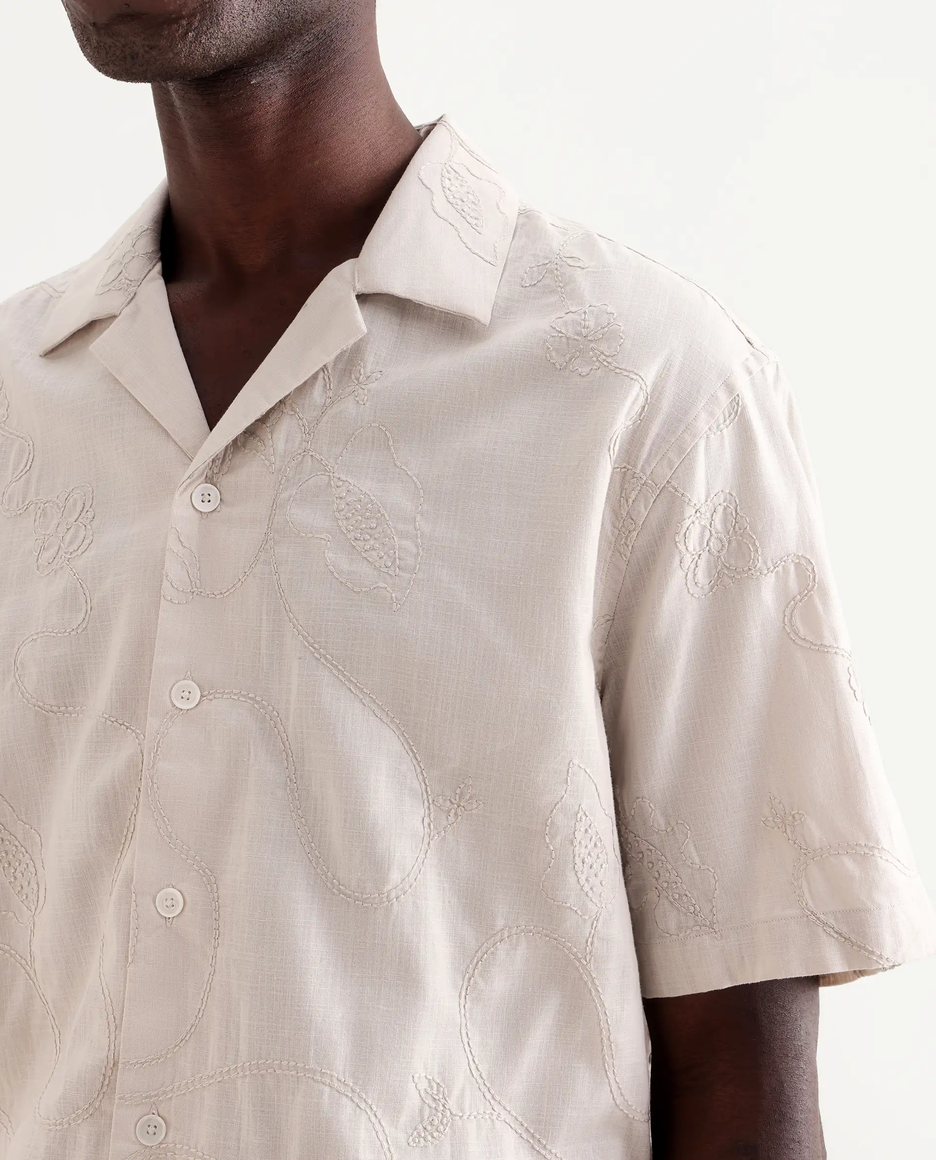 Rare Rabbit Men's Embi Beige Cotton Embroidered Boxy Fit Half Sleeve Cuban Collar Shirt - Image 3