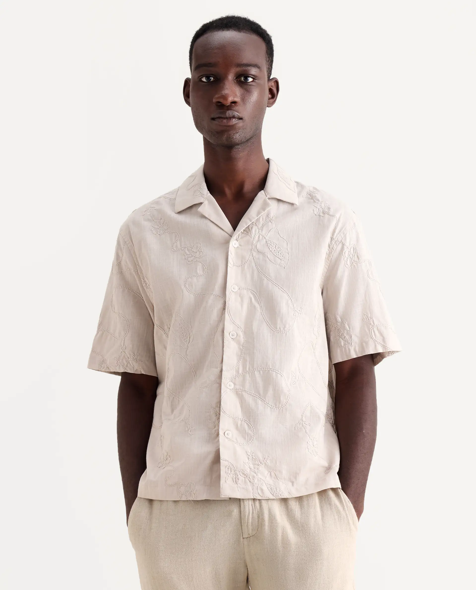 Rare Rabbit Men's Embi Beige Cotton Embroidered Boxy Fit Half Sleeve Cuban Collar Shirt - Image 4