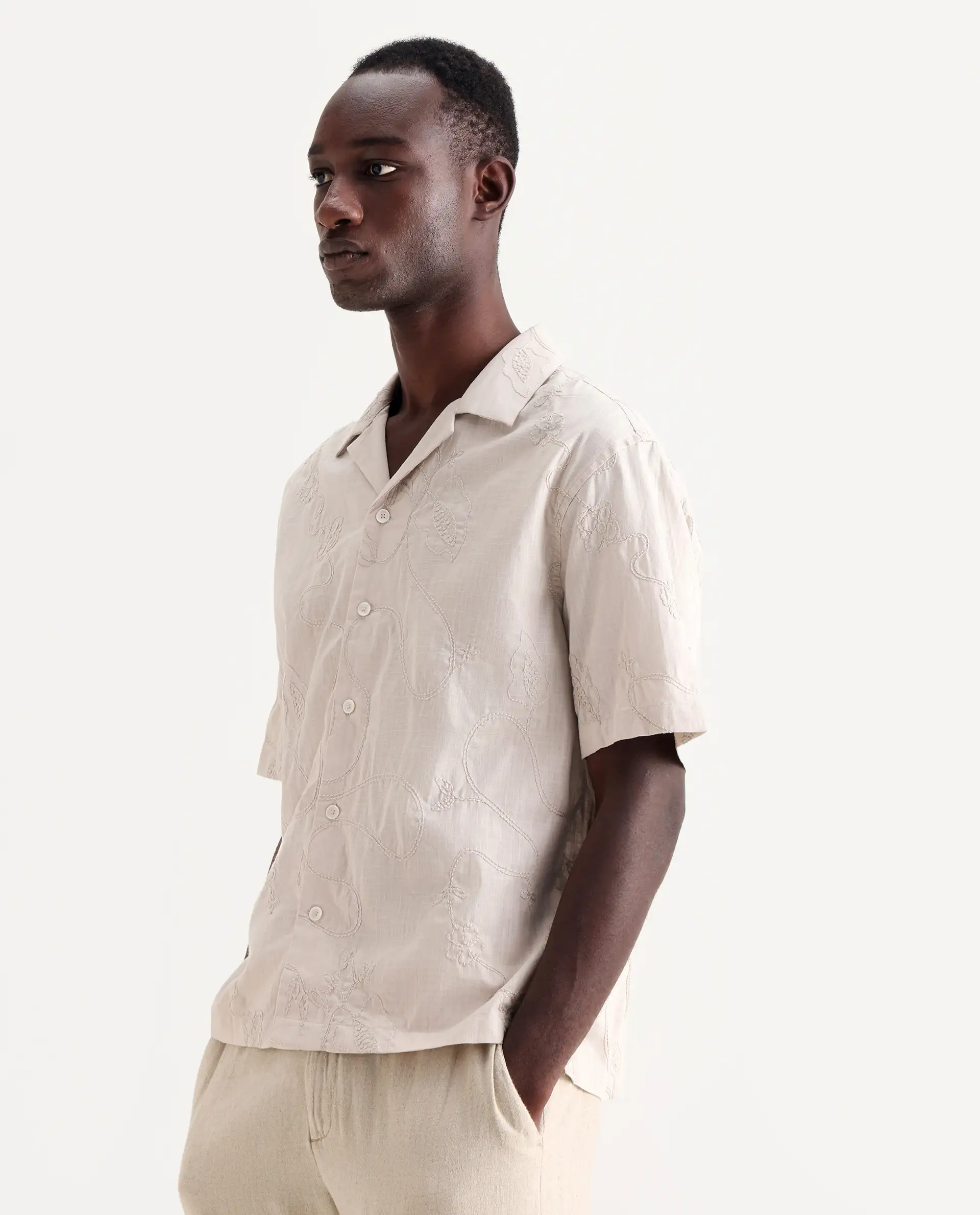 Rare Rabbit Men's Embi Beige Cotton Embroidered Boxy Fit Half Sleeve Cuban Collar Shirt - Image 5