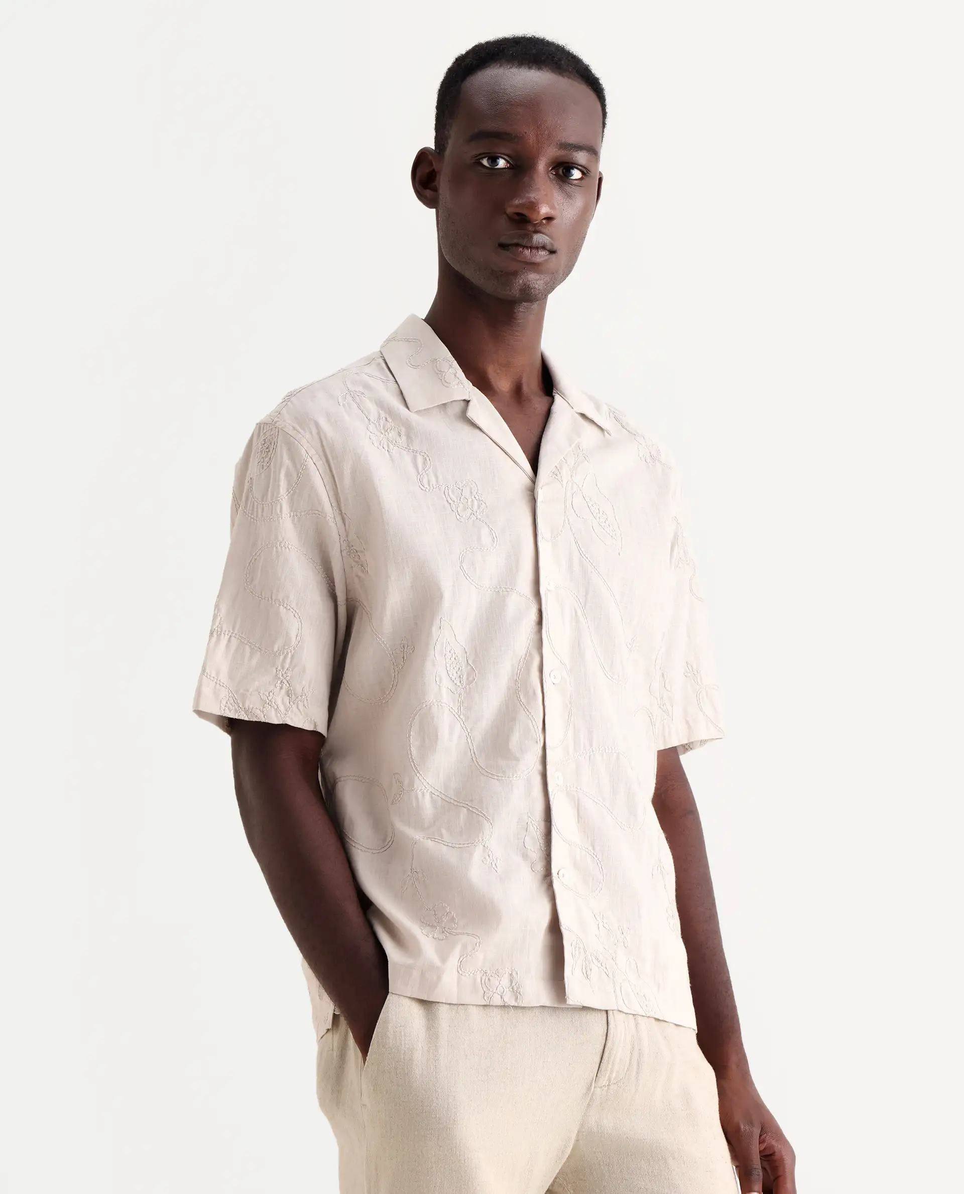 Rare Rabbit Men's Embi Beige Cotton Embroidered Boxy Fit Half Sleeve Cuban Collar Shirt - Image 6