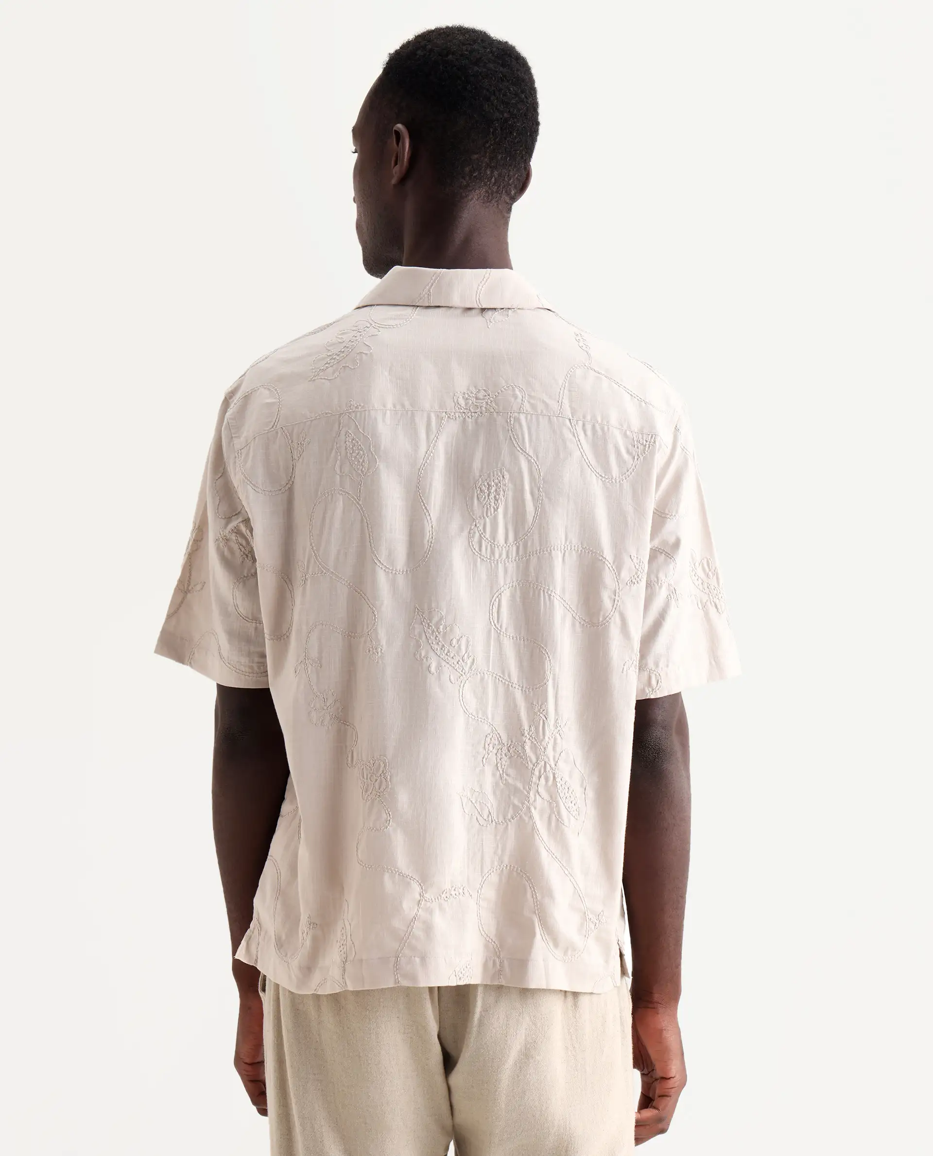 Rare Rabbit Men's Embi Beige Cotton Embroidered Boxy Fit Half Sleeve Cuban Collar Shirt - Image 7