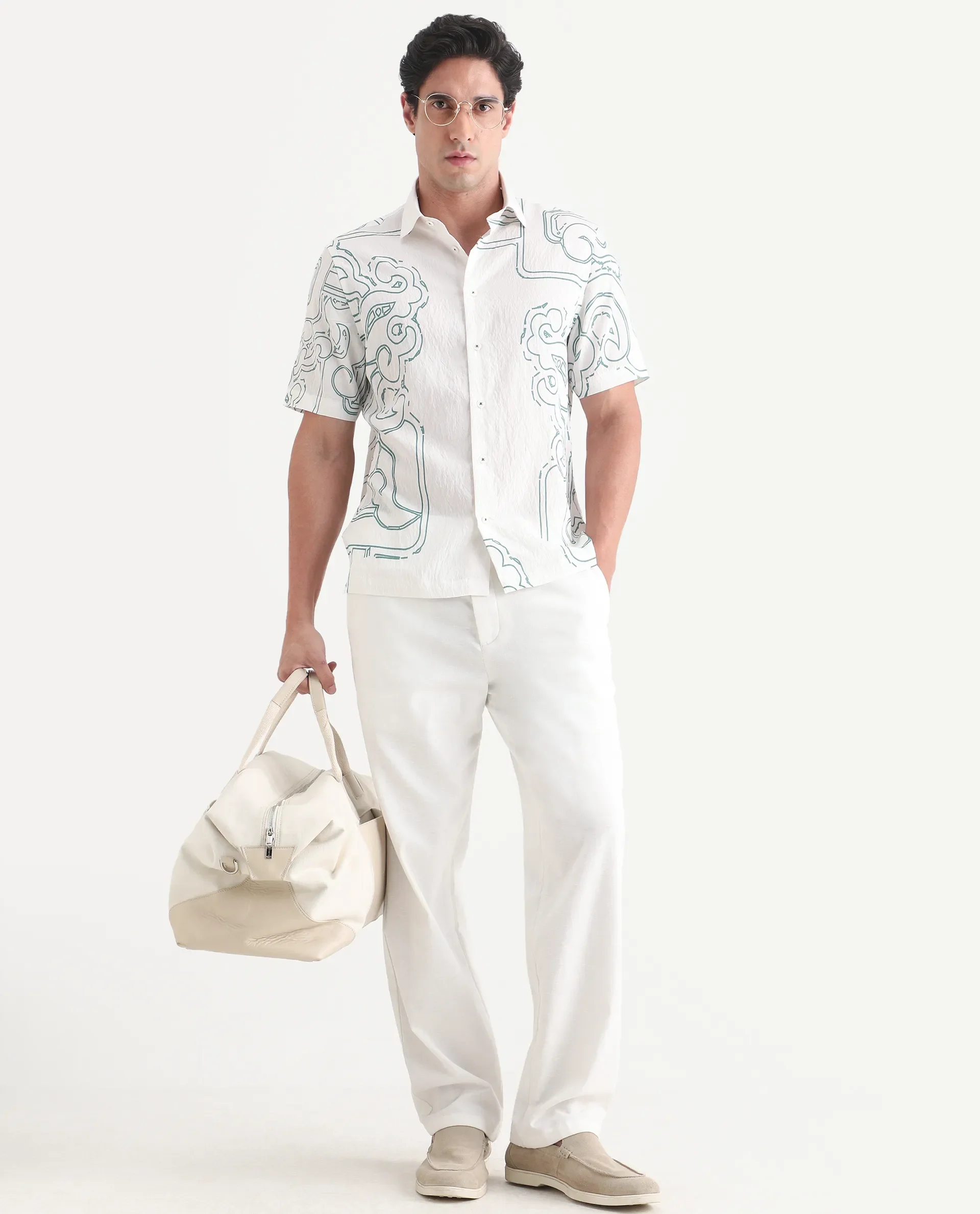 Rare Rabbit Men's Embi White Viscose Fabric Spread Collar Regular Fit Abstract Print Shirt - Image 2