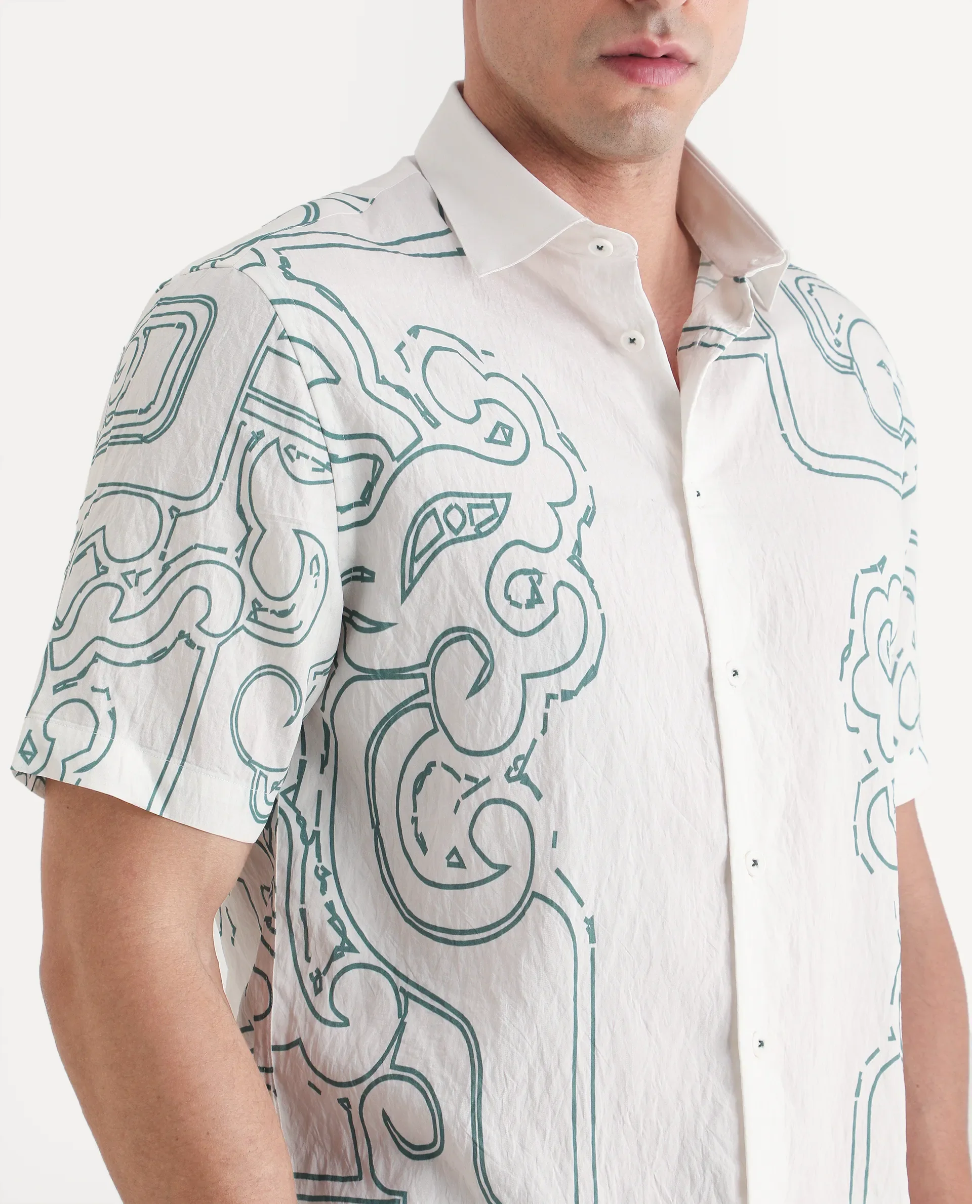 Rare Rabbit Men's Embi White Viscose Fabric Spread Collar Regular Fit Abstract Print Shirt - Image 3