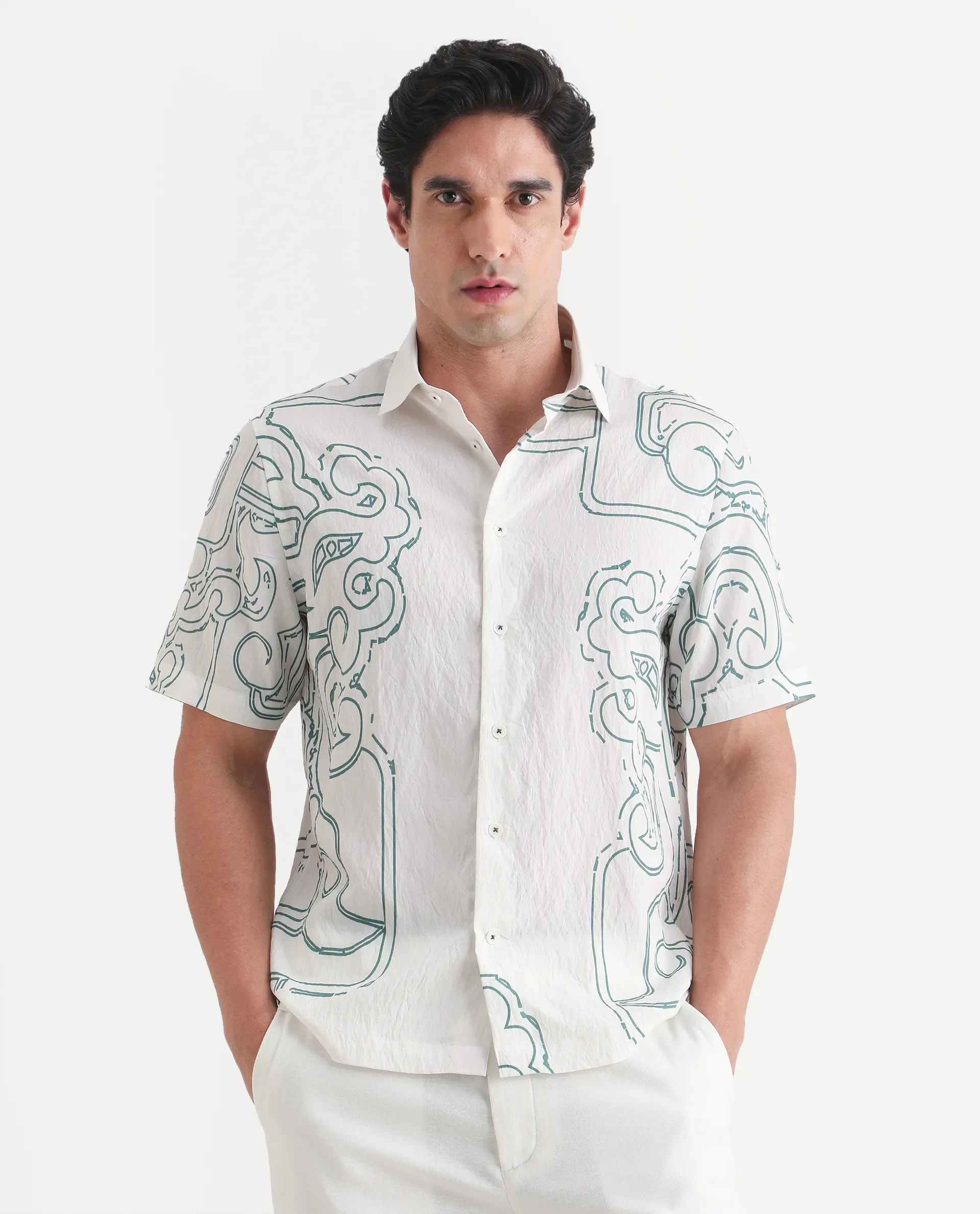 Rare Rabbit Men's Embi White Viscose Fabric Spread Collar Regular Fit Abstract Print Shirt - Image 4
