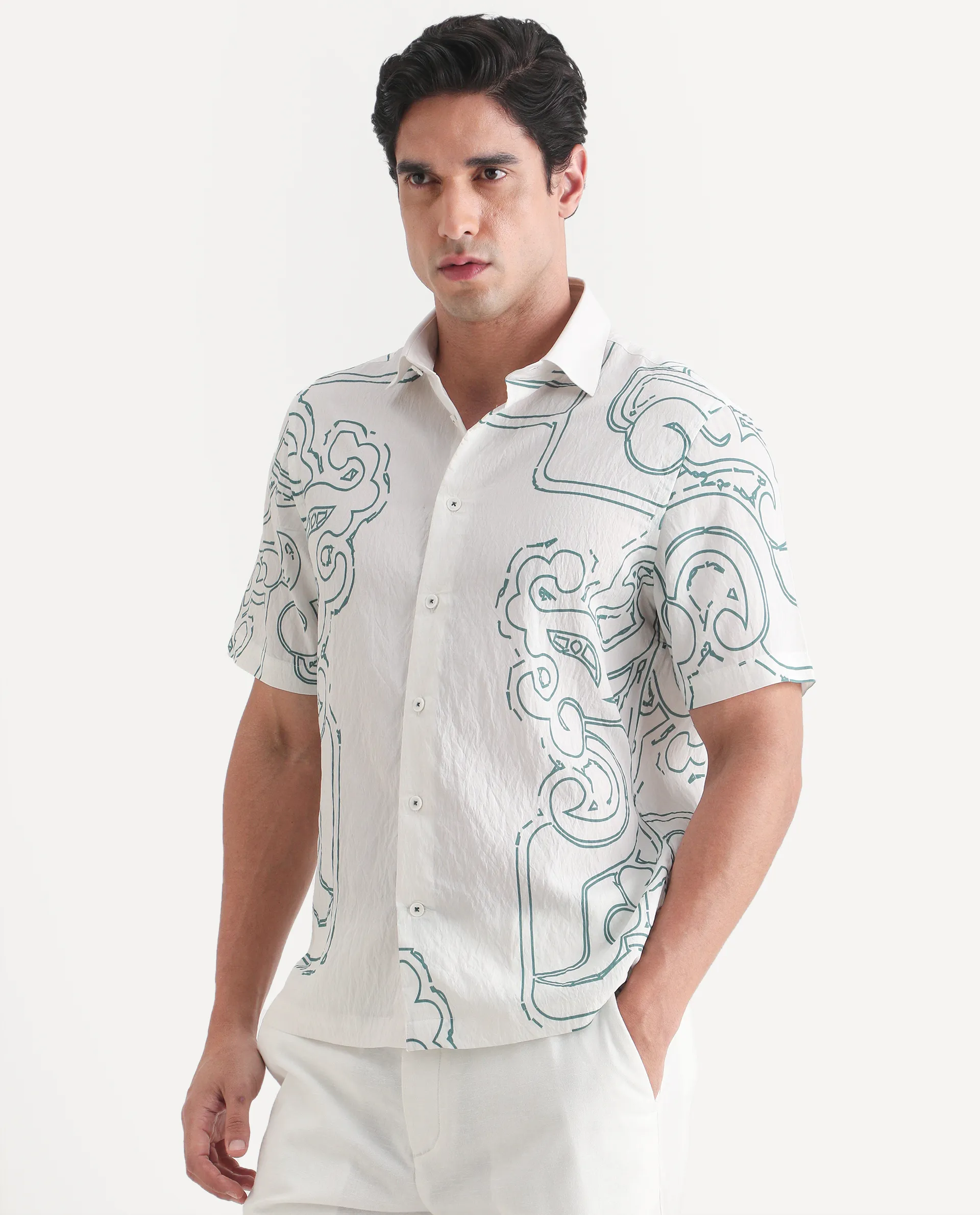 Rare Rabbit Men's Embi White Viscose Fabric Spread Collar Regular Fit Abstract Print Shirt - Image 5