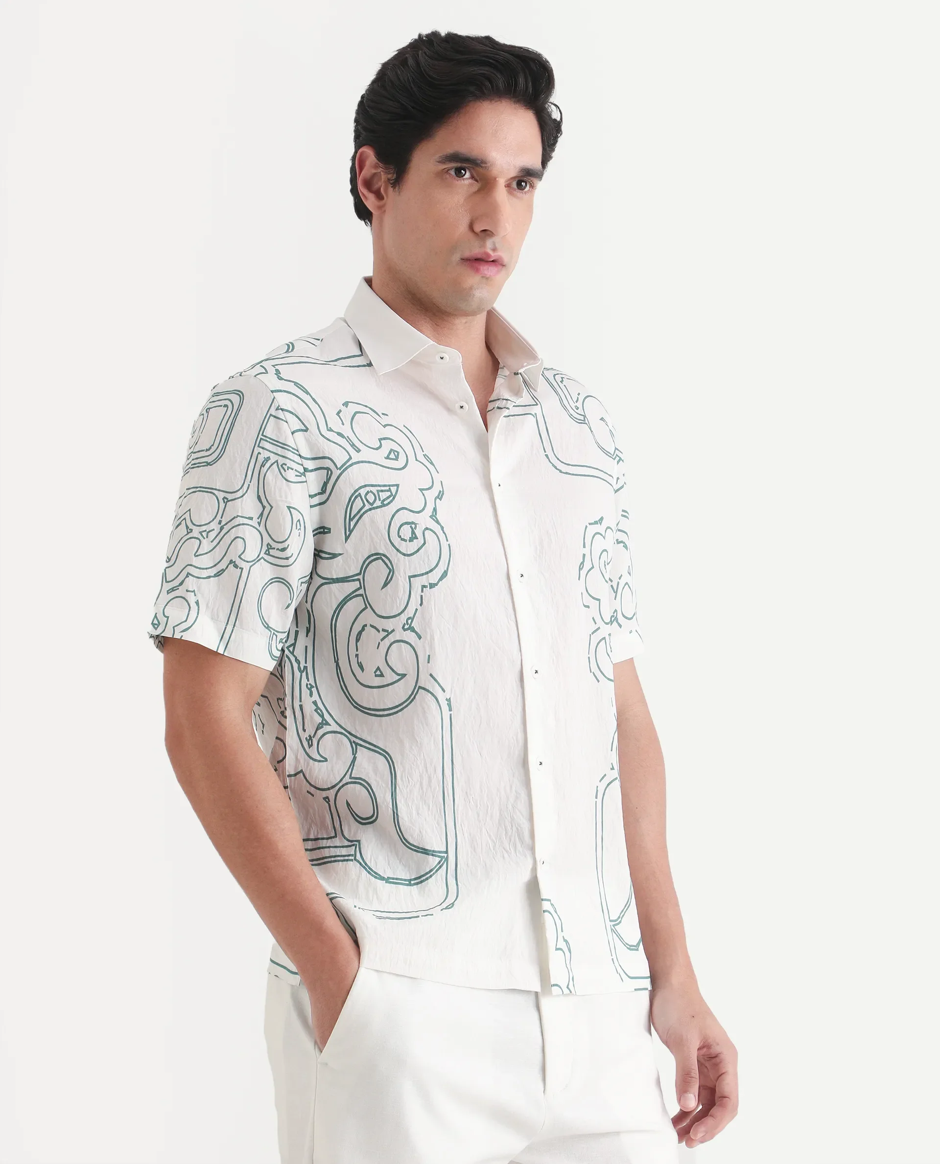 Rare Rabbit Men's Embi White Viscose Fabric Spread Collar Regular Fit Abstract Print Shirt - Image 6
