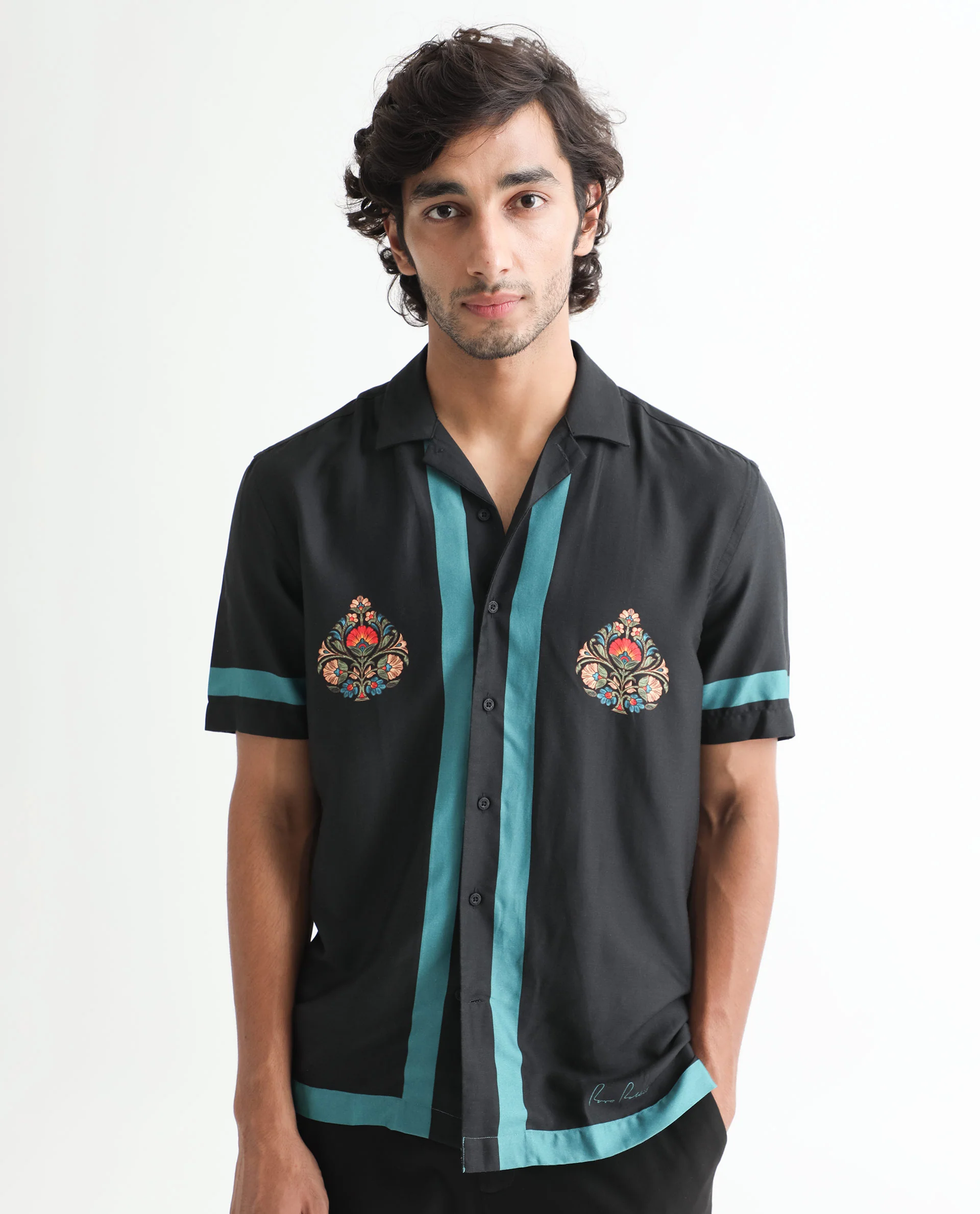 Rare Rabbit Men's Emble Black Modal Floral Print Regular Fit Half Sleeve Cuban Collar Shirt