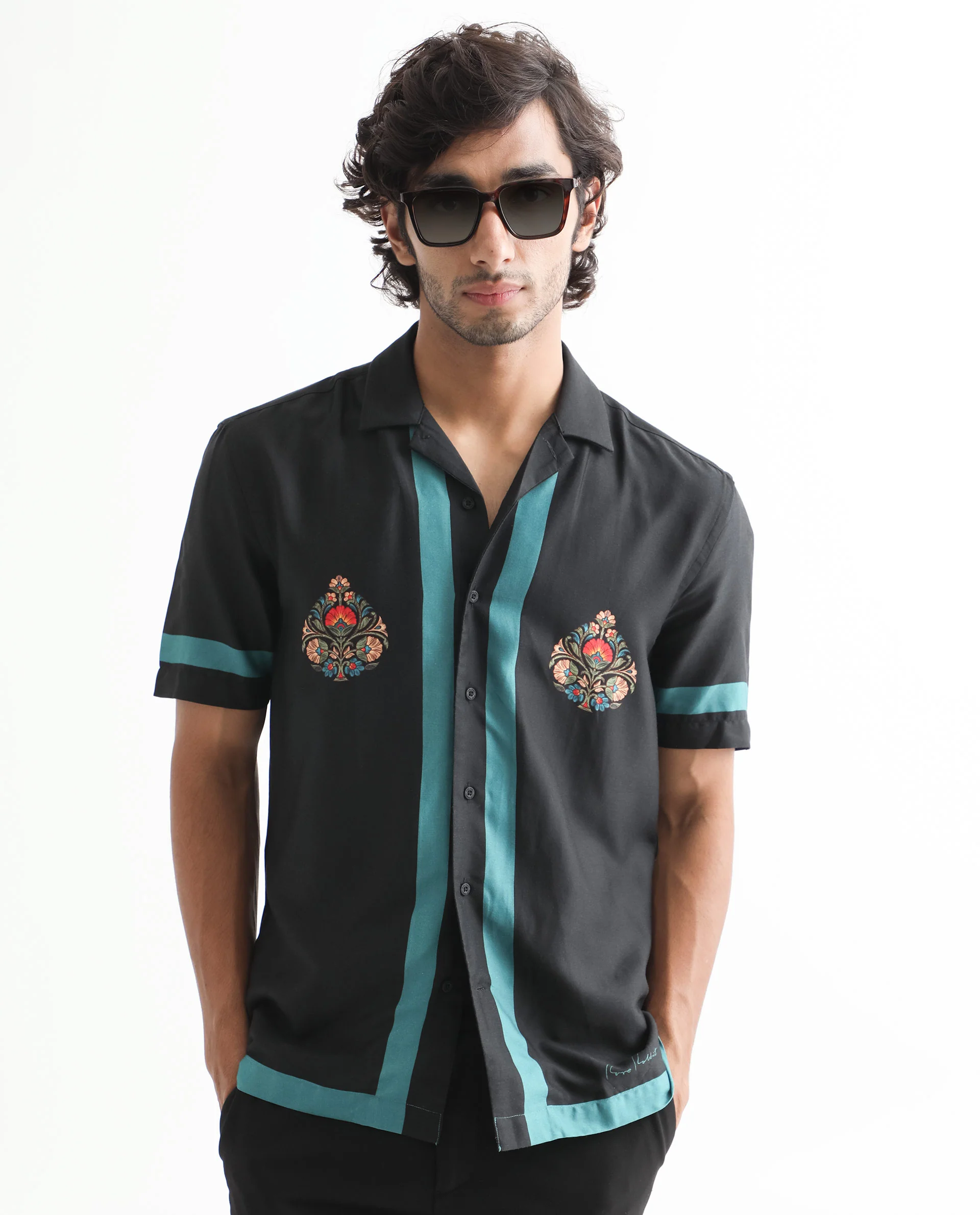 Rare Rabbit Men's Emble Black Modal Floral Print Regular Fit Half Sleeve Cuban Collar Shirt - Image 3