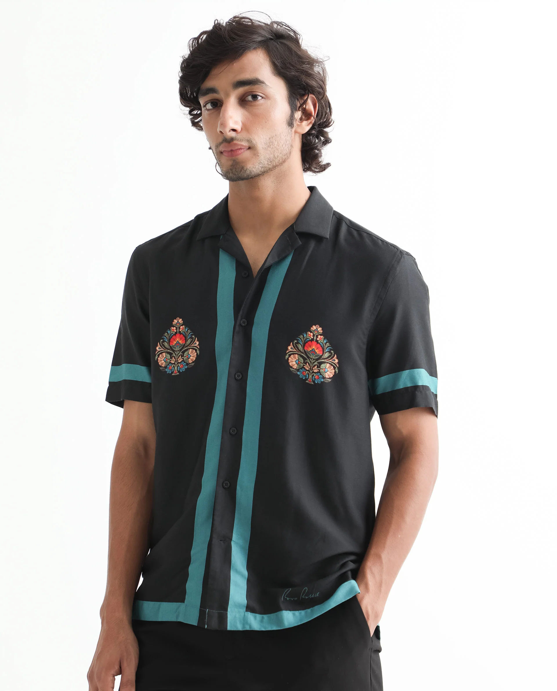 Rare Rabbit Men's Emble Black Modal Floral Print Regular Fit Half Sleeve Cuban Collar Shirt - Image 5