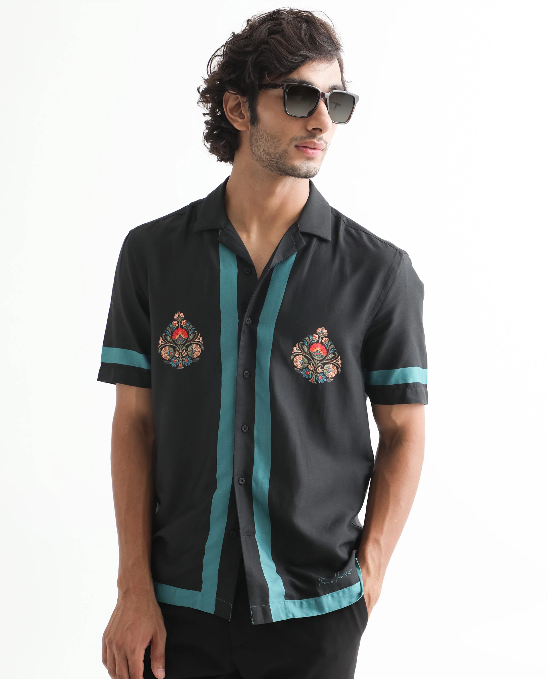 Rare Rabbit Men's Emble Black Modal Floral Print Regular Fit Half Sleeve Cuban Collar Shirt - Image 7