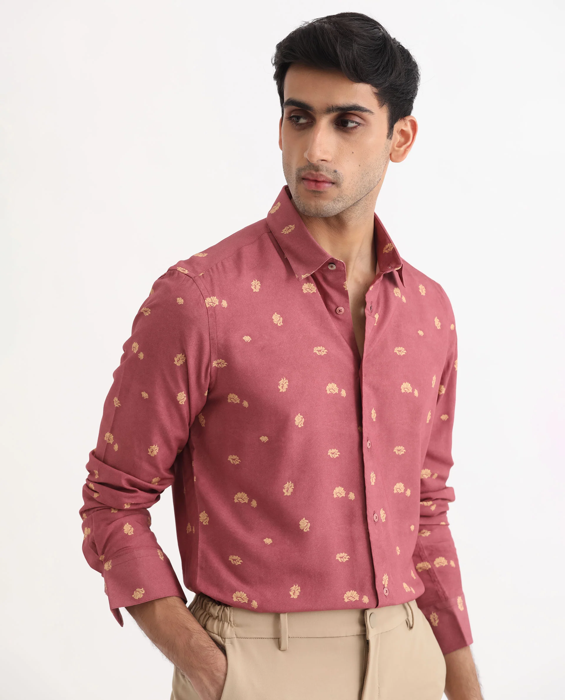Rare Rabbit Men's Embodee Red Cotton Floral Print Regular Fit Full Sleeve Collared Shirt