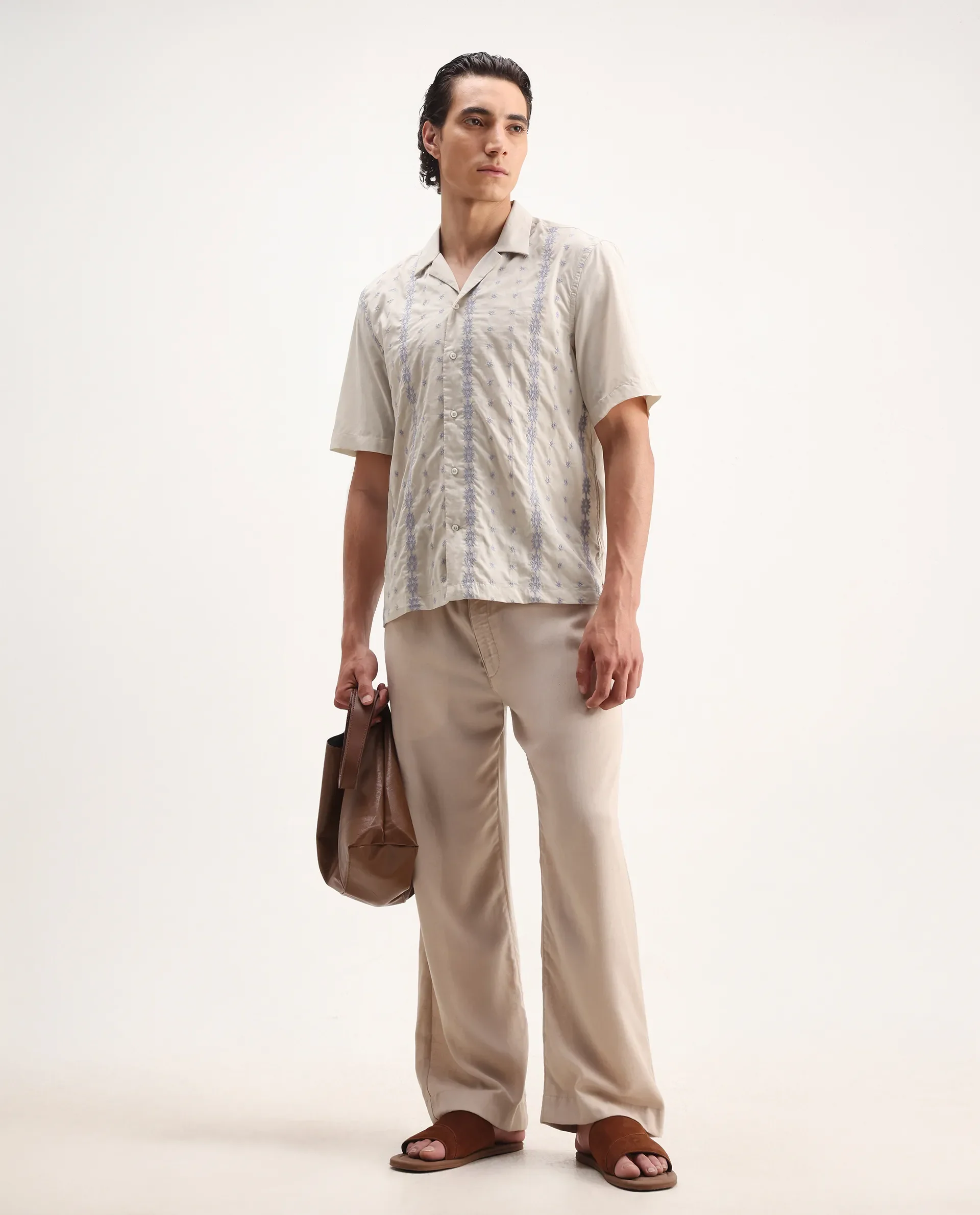 Rare Rabbit Men's Embomo Beige Cotton Embroidered Boxy Fit Half Sleeve Collared Shirt - Image 2