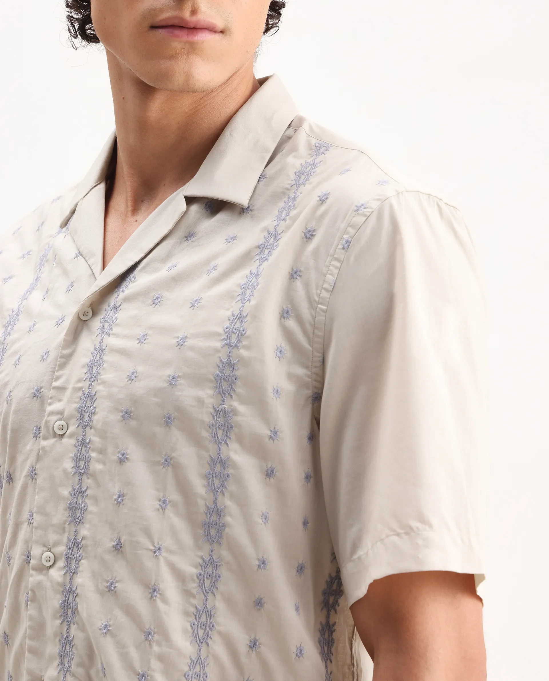 Rare Rabbit Men's Embomo Beige Cotton Embroidered Boxy Fit Half Sleeve Collared Shirt - Image 3