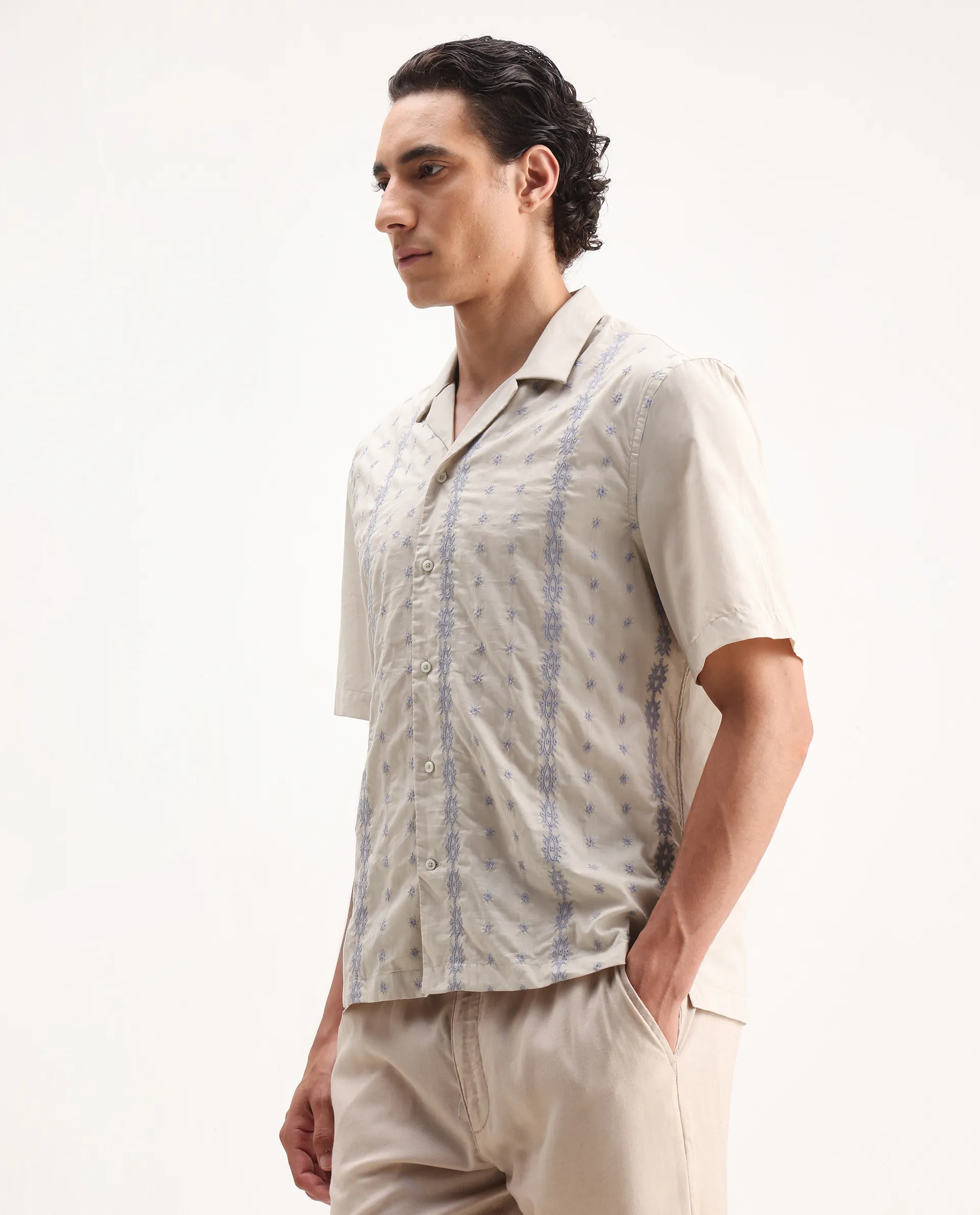 Rare Rabbit Men's Embomo Beige Cotton Embroidered Boxy Fit Half Sleeve Collared Shirt - Image 4