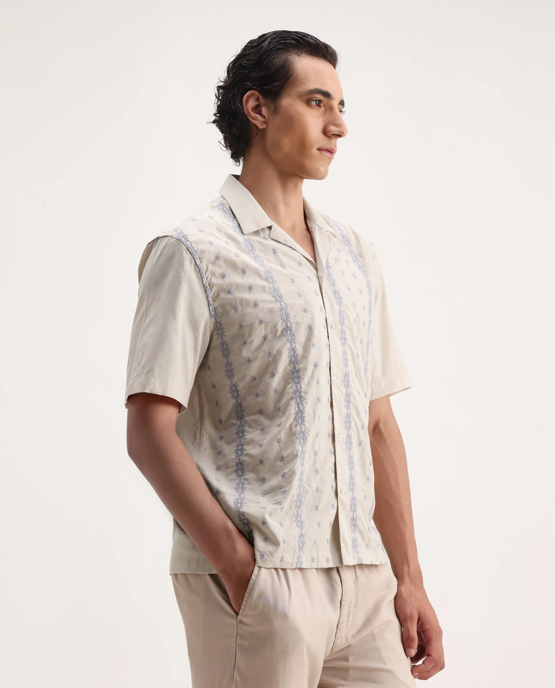 Rare Rabbit Men's Embomo Beige Cotton Embroidered Boxy Fit Half Sleeve Collared Shirt - Image 5