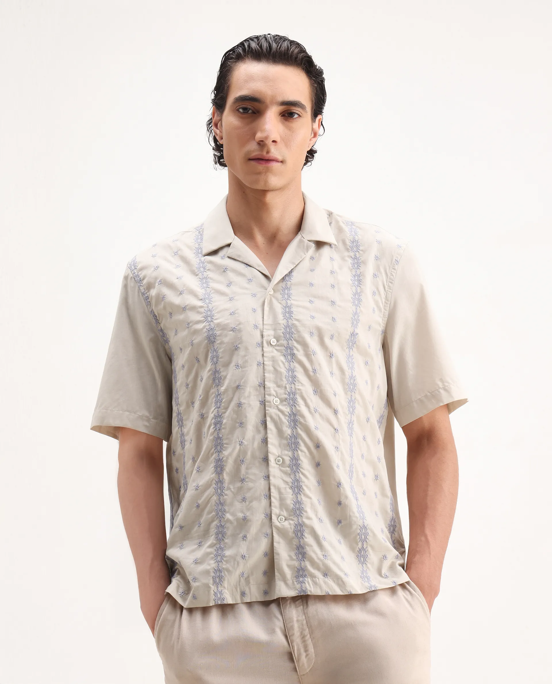 Rare Rabbit Men's Embomo Beige Cotton Embroidered Boxy Fit Half Sleeve Collared Shirt - Image 6