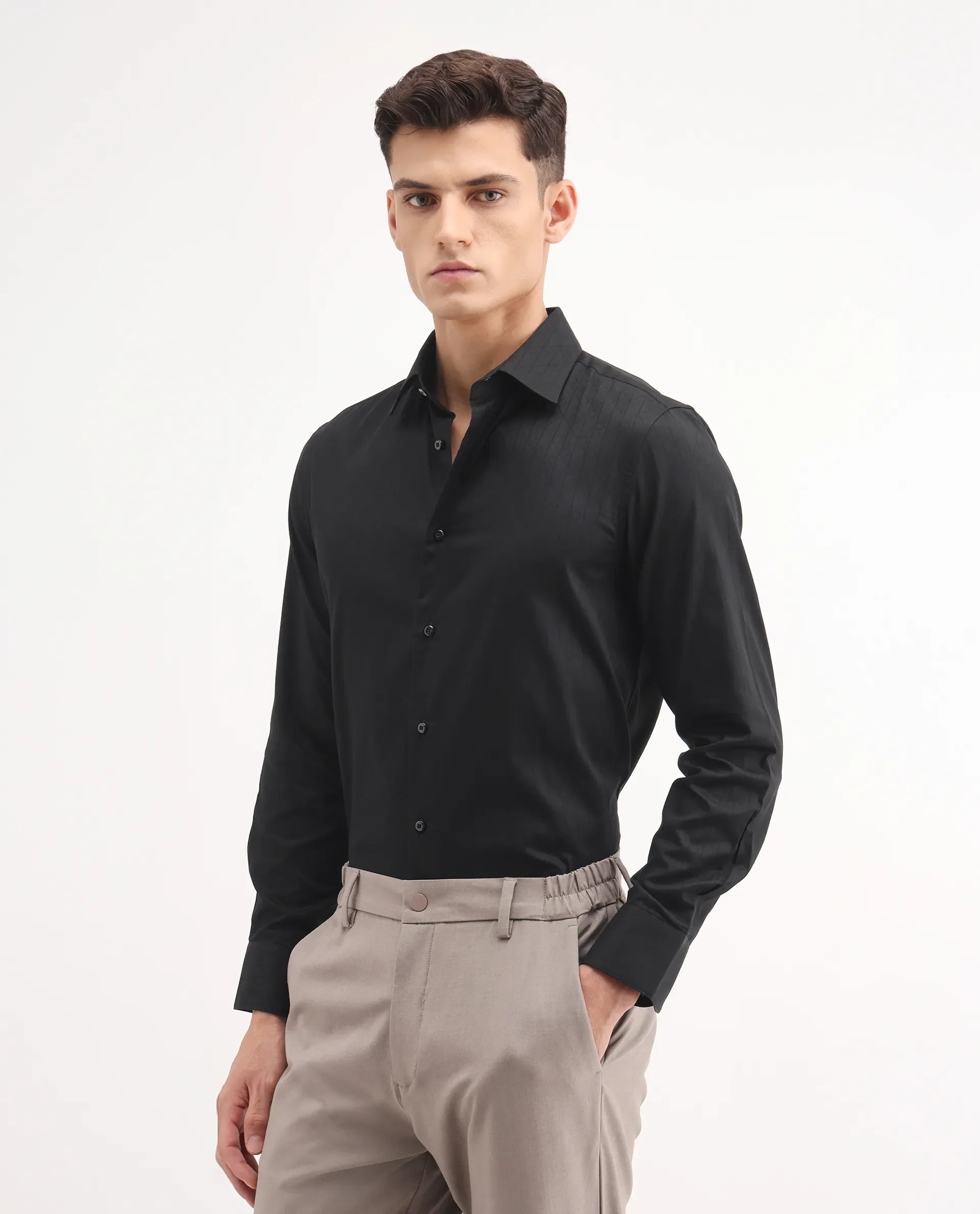 Rare Rabbit Men's Embon Black Cotton Jacquard Regular Fit Full Sleeve Collared Shirt - Image 13