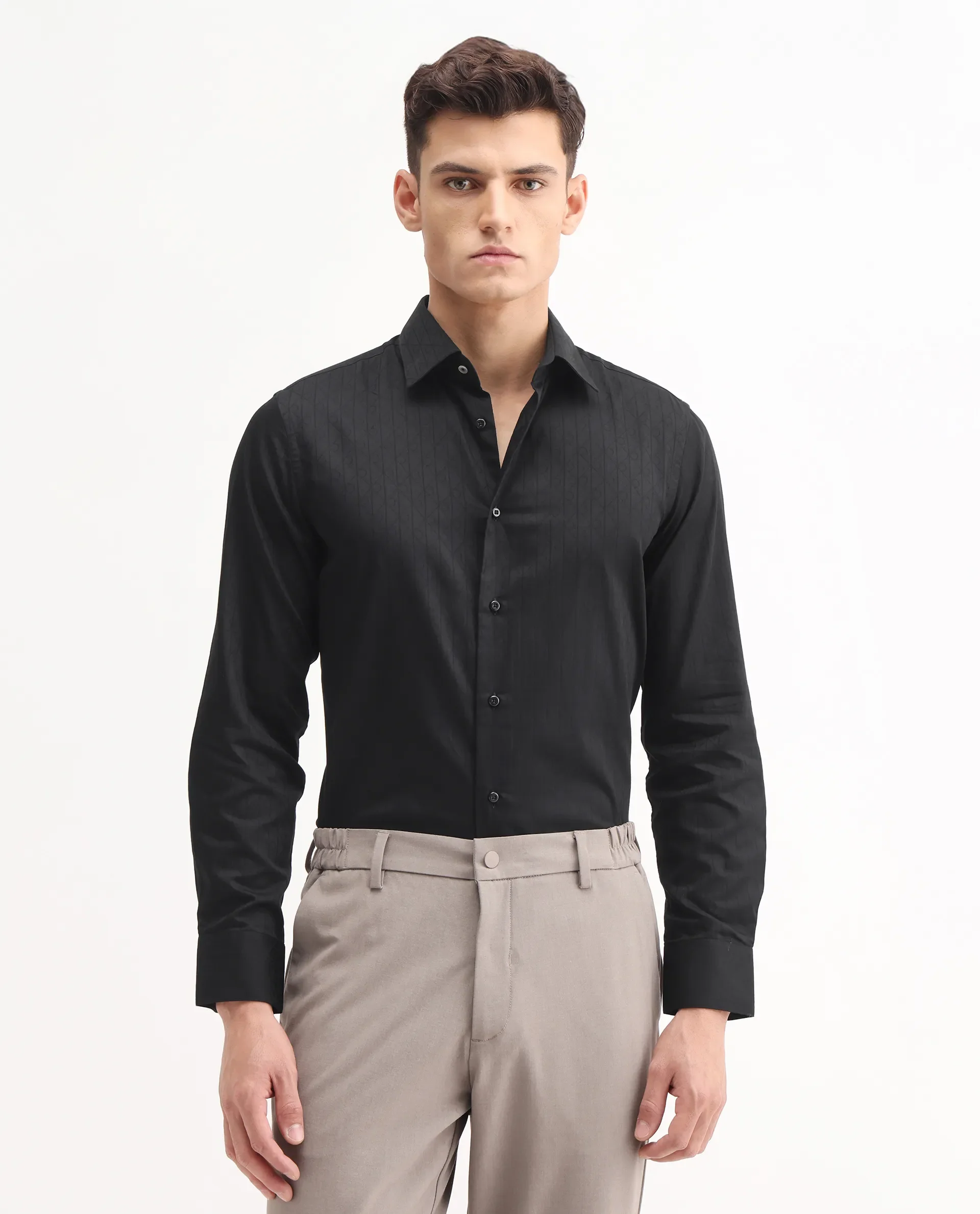 Rare Rabbit Men's Embon Black Cotton Jacquard Regular Fit Full Sleeve Collared Shirt - Image 7