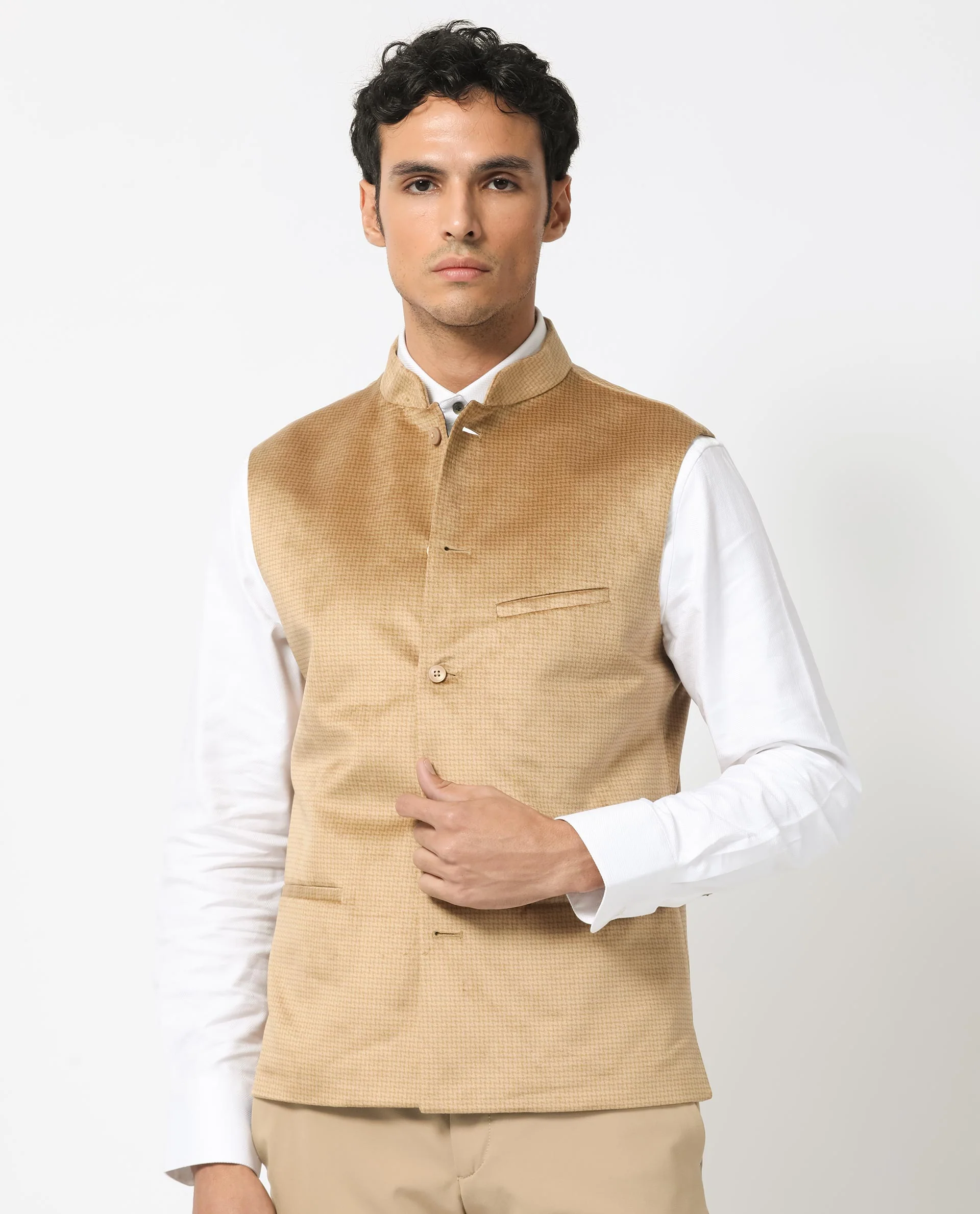 Rare Rabbit Men's Emerald Light Beige Polyester Plain Tailored Fit Sleeveless Mandarin Collar Bandhgala Rare Rabbit Men's Lasmos-B1 Beige Viscose Embroidered Regular Fit Sleeveless Mandarin Collar Bandhgala Nehru Jacket - Image 2