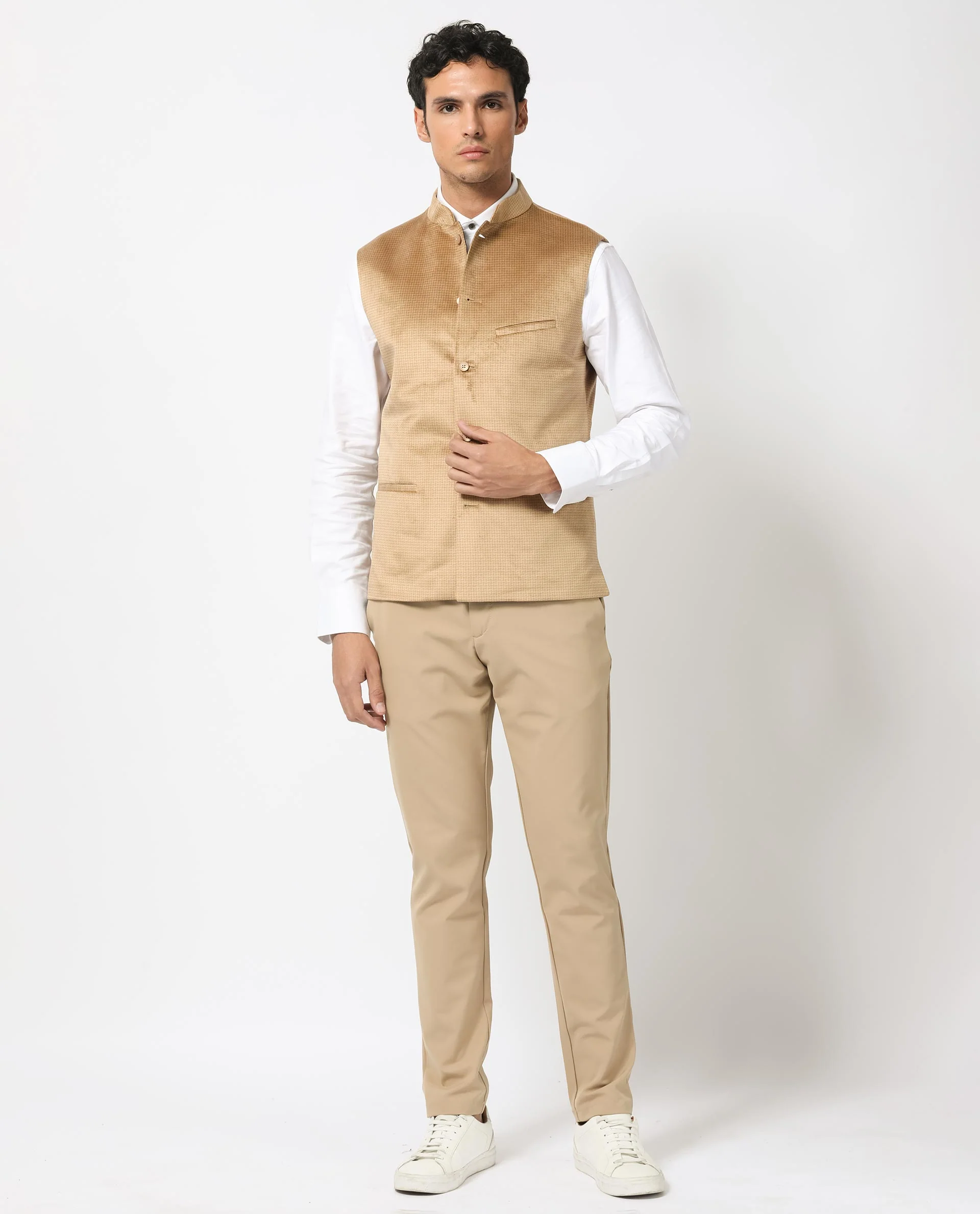 Rare Rabbit Men's Emerald Light Beige Polyester Plain Tailored Fit Sleeveless Mandarin Collar Bandhgala Rare Rabbit Men's Lasmos-B1 Beige Viscose Embroidered Regular Fit Sleeveless Mandarin Collar Bandhgala Nehru Jacket - Image 3