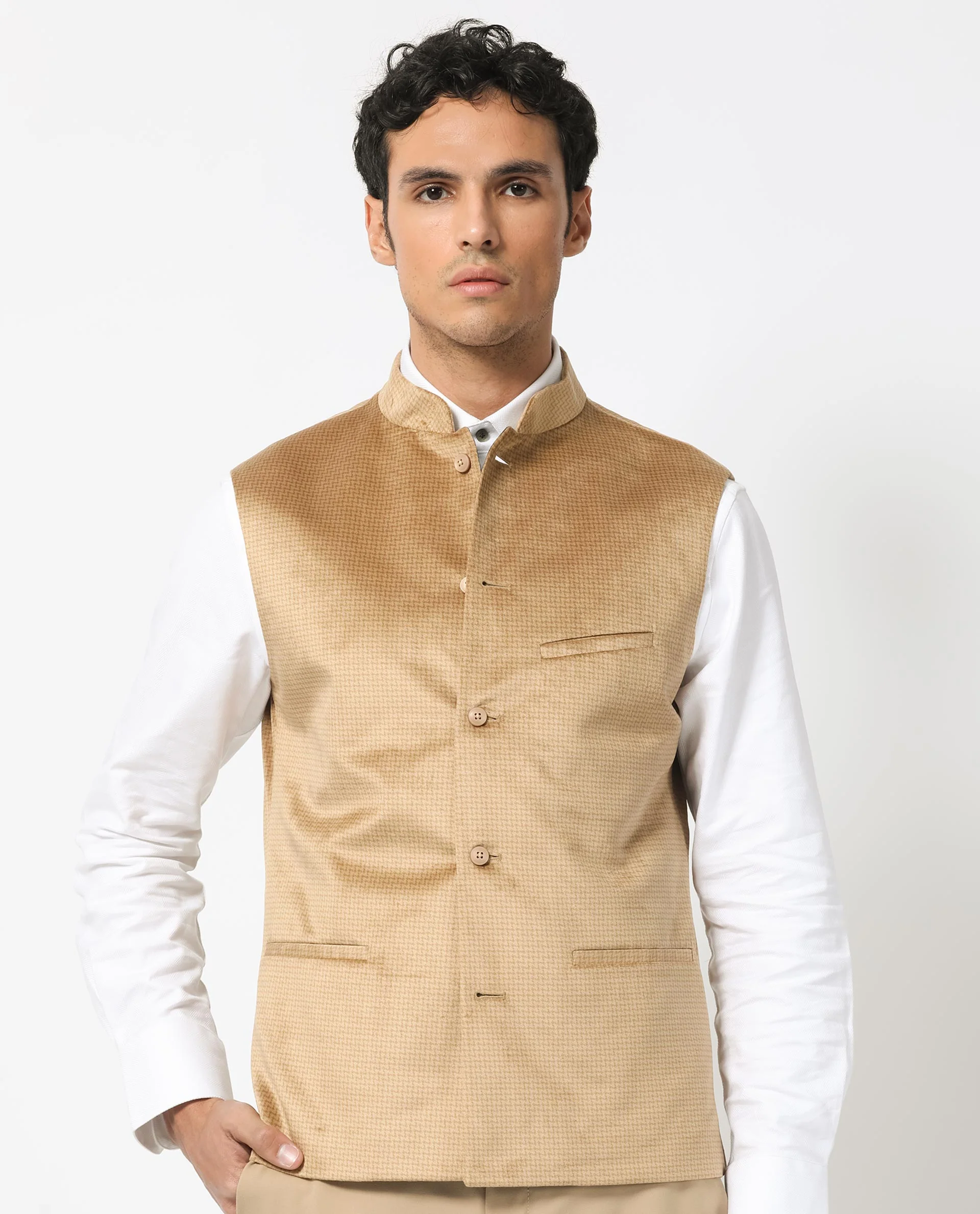 Rare Rabbit Men's Emerald Light Beige Polyester Plain Tailored Fit Sleeveless Mandarin Collar Bandhgala Rare Rabbit Men's Lasmos-B1 Beige Viscose Embroidered Regular Fit Sleeveless Mandarin Collar Bandhgala Nehru Jacket - Image 7