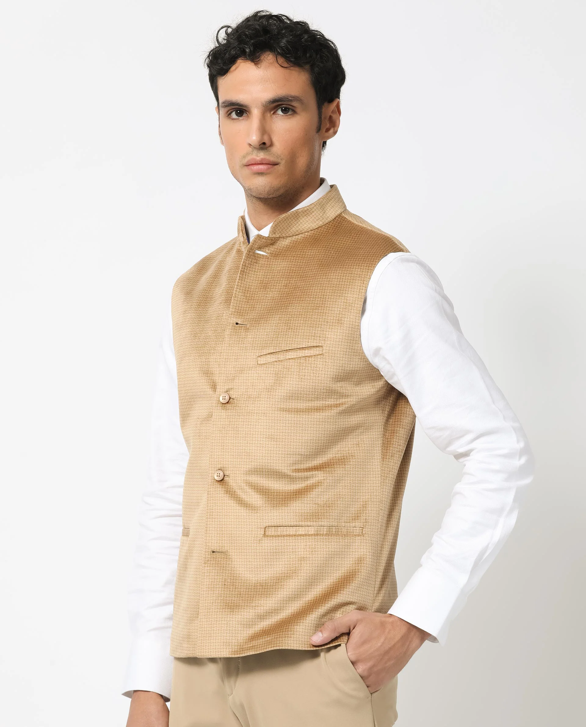 Rare Rabbit Men's Emerald Light Beige Polyester Plain Tailored Fit Sleeveless Mandarin Collar Bandhgala Rare Rabbit Men's Lasmos-B1 Beige Viscose Embroidered Regular Fit Sleeveless Mandarin Collar Bandhgala Nehru Jacket - Image 8