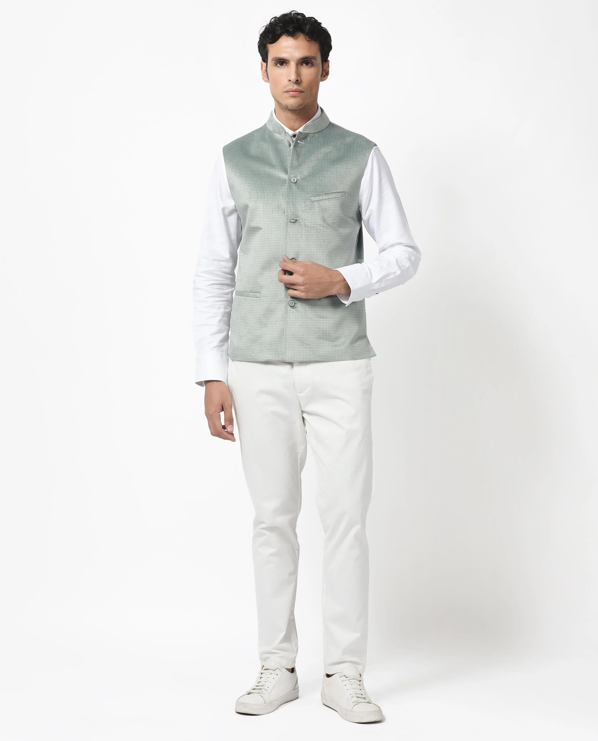 Rare Rabbit Men's Emerald Light Blue Polyester Plain Tailored Fit Sleeveless Mandarin Collar Bandhgala Rare Rabbit Men's Lasmos-B1 Beige Viscose Embroidered Regular Fit Sleeveless Mandarin Collar Bandhgala Nehru Jacket - Image 2