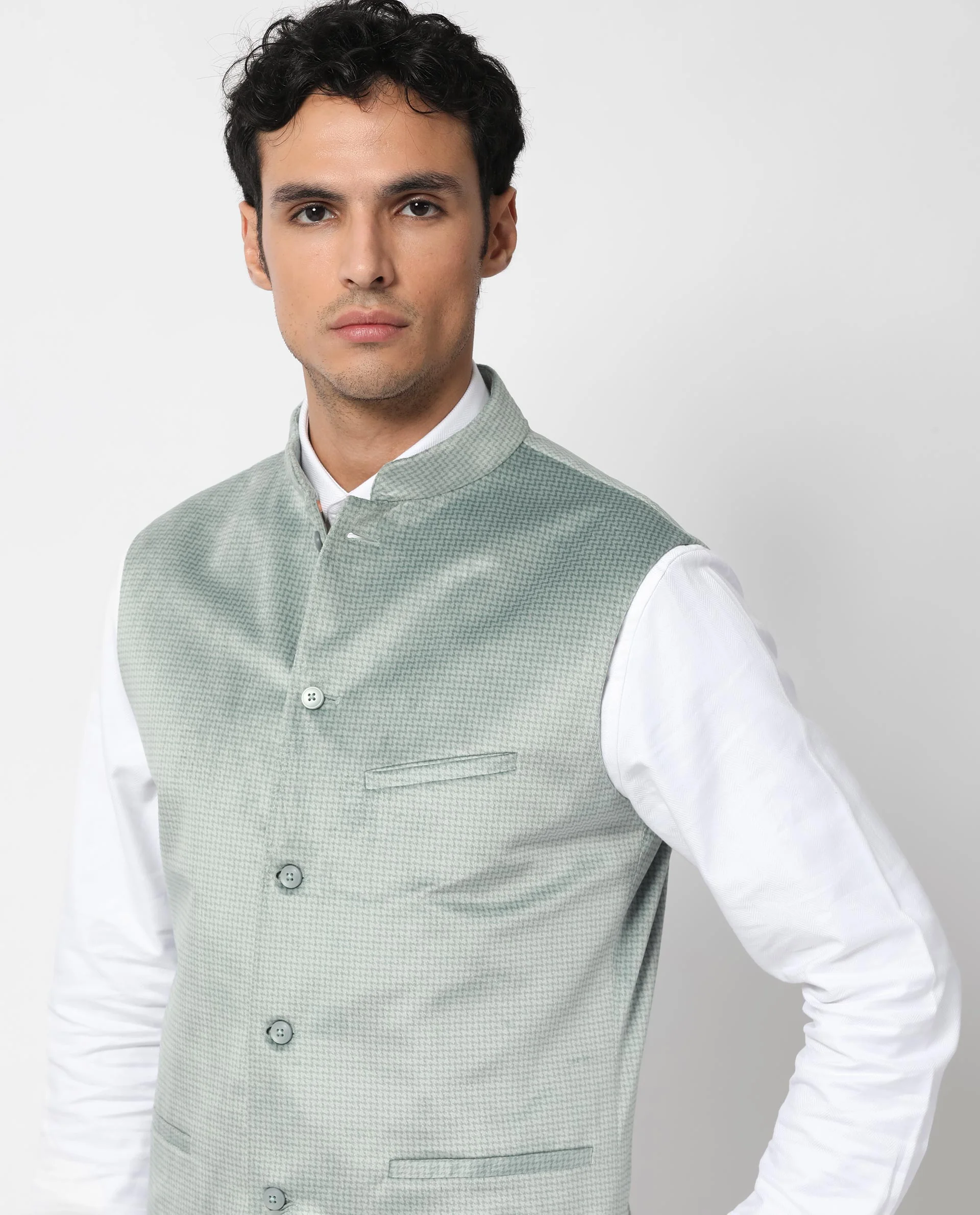 Rare Rabbit Men's Emerald Light Blue Polyester Plain Tailored Fit Sleeveless Mandarin Collar Bandhgala Rare Rabbit Men's Lasmos-B1 Beige Viscose Embroidered Regular Fit Sleeveless Mandarin Collar Bandhgala Nehru Jacket - Image 3