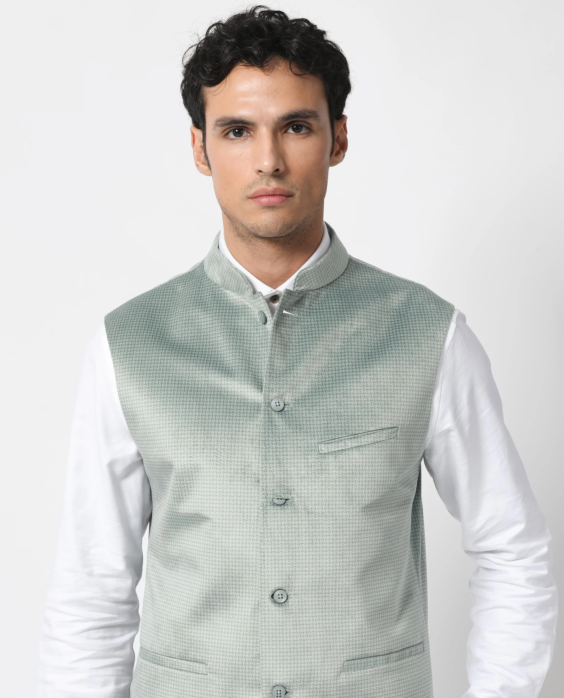 Rare Rabbit Men's Emerald Light Blue Polyester Plain Tailored Fit Sleeveless Mandarin Collar Bandhgala Rare Rabbit Men's Lasmos-B1 Beige Viscose Embroidered Regular Fit Sleeveless Mandarin Collar Bandhgala Nehru Jacket - Image 4