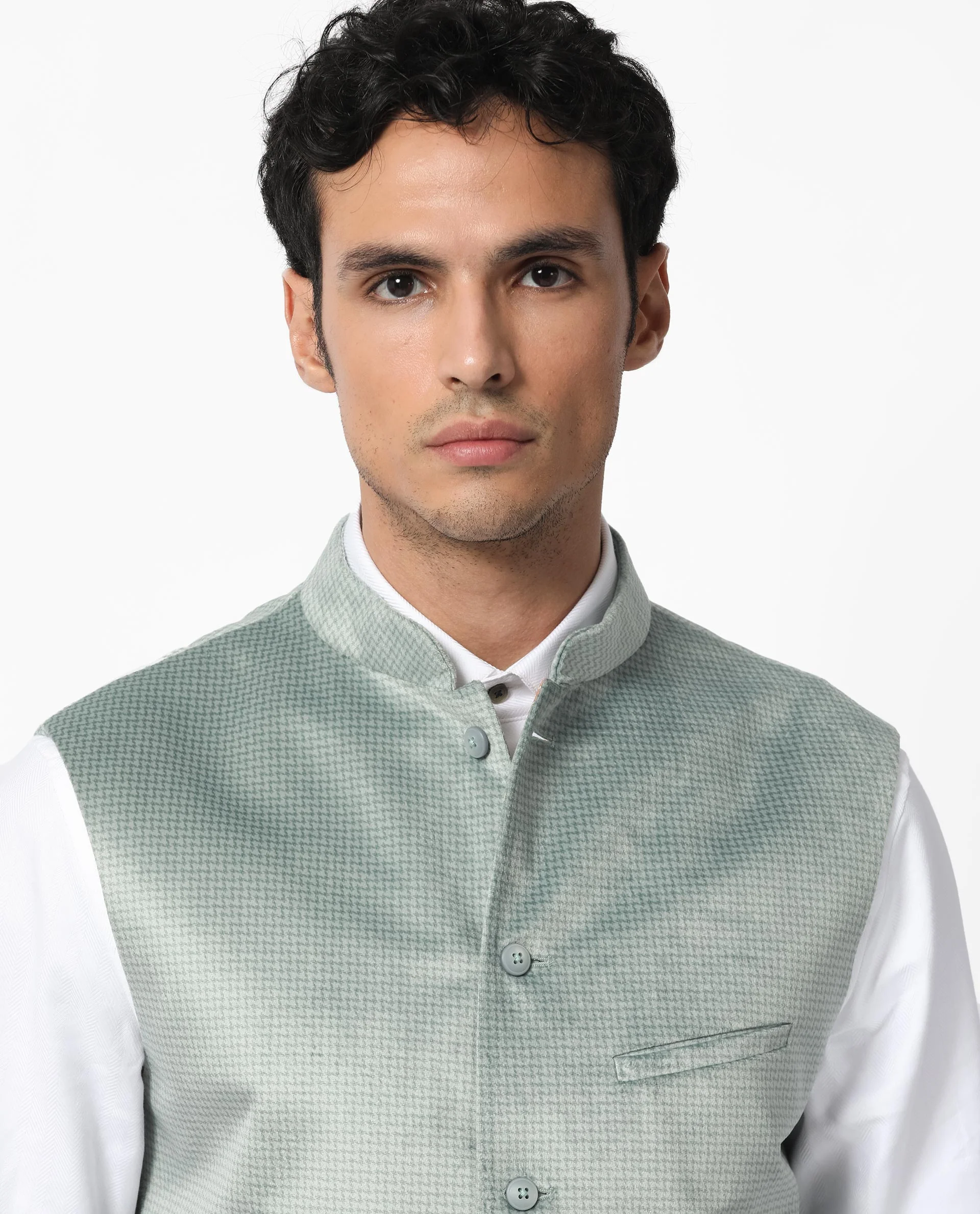 Rare Rabbit Men's Emerald Light Blue Polyester Plain Tailored Fit Sleeveless Mandarin Collar Bandhgala Rare Rabbit Men's Lasmos-B1 Beige Viscose Embroidered Regular Fit Sleeveless Mandarin Collar Bandhgala Nehru Jacket - Image 5