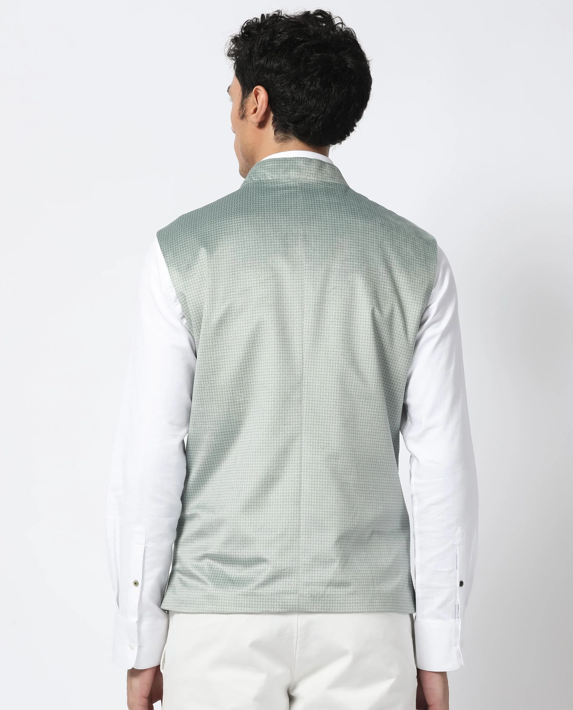 Rare Rabbit Men's Emerald Light Blue Polyester Plain Tailored Fit Sleeveless Mandarin Collar Bandhgala Rare Rabbit Men's Lasmos-B1 Beige Viscose Embroidered Regular Fit Sleeveless Mandarin Collar Bandhgala Nehru Jacket - Image 7