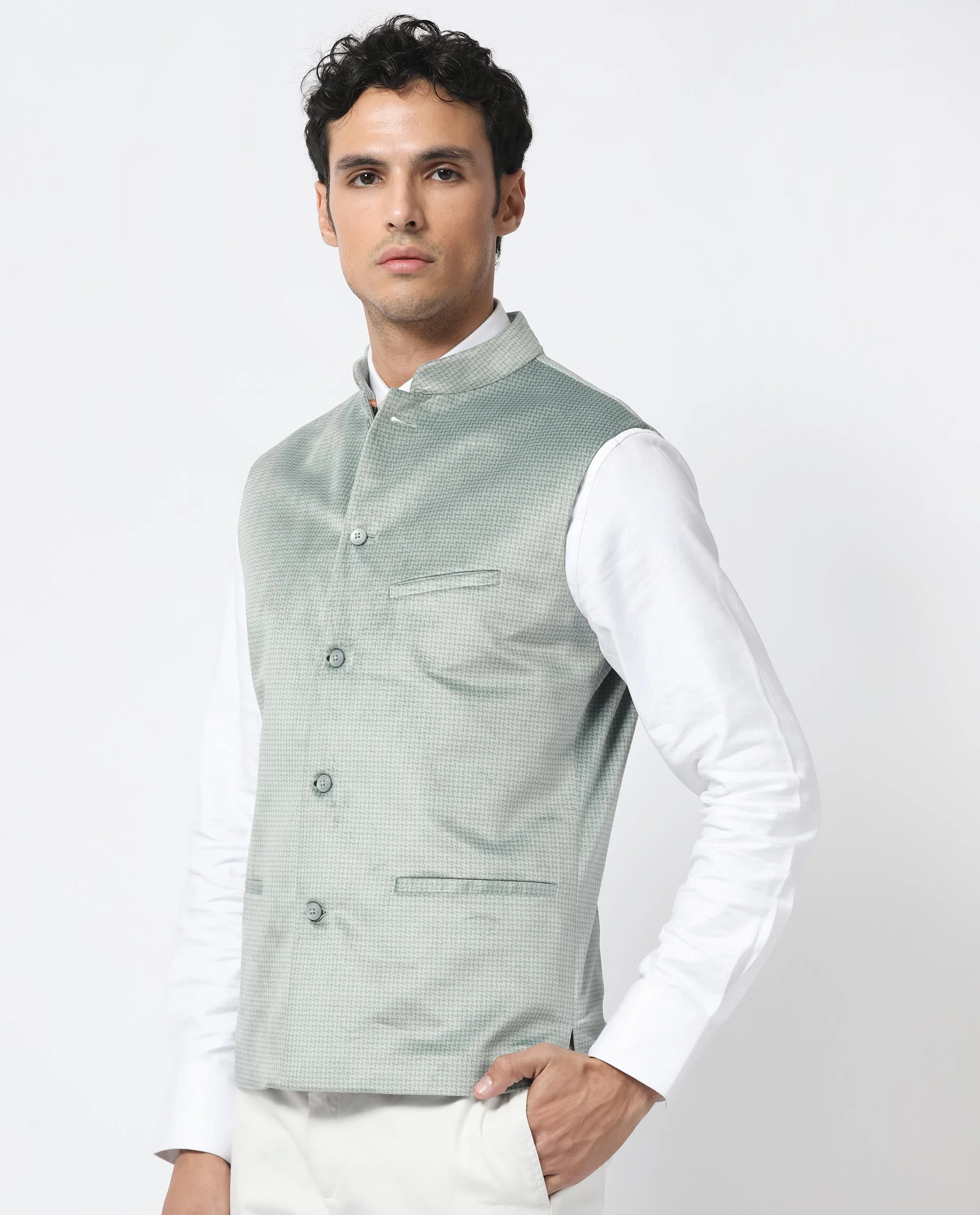 Rare Rabbit Men's Emerald Light Blue Polyester Plain Tailored Fit Sleeveless Mandarin Collar Bandhgala Rare Rabbit Men's Lasmos-B1 Beige Viscose Embroidered Regular Fit Sleeveless Mandarin Collar Bandhgala Nehru Jacket - Image 8