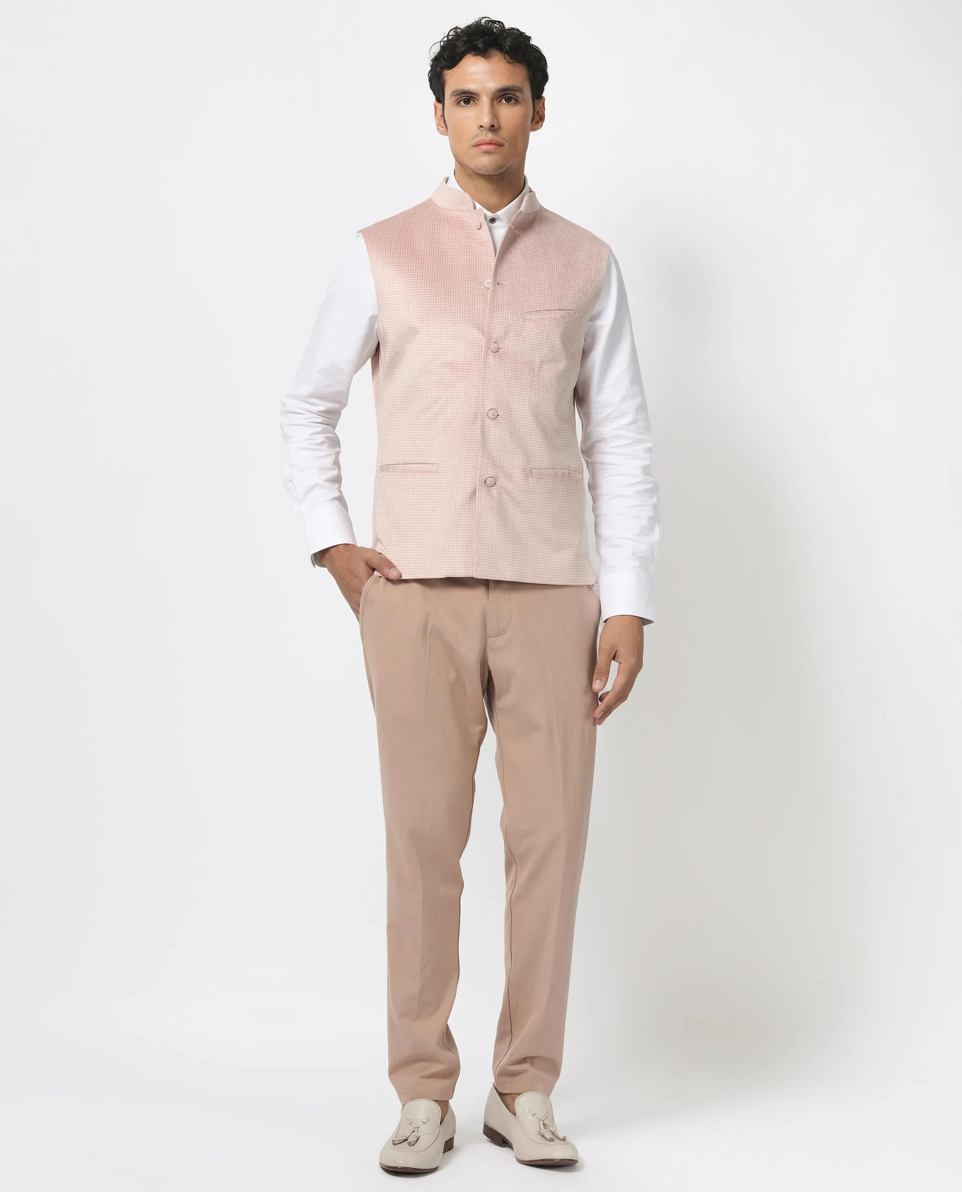 Rare Rabbit Men's Emerald Light Pink Polyester Plain Tailored Fit Sleeveless Mandarin Collar Bandhgala Rare Rabbit Men's Lasmos-B1 Beige Viscose Embroidered Regular Fit Sleeveless Mandarin Collar Bandhgala Nehru Jacket - Image 2